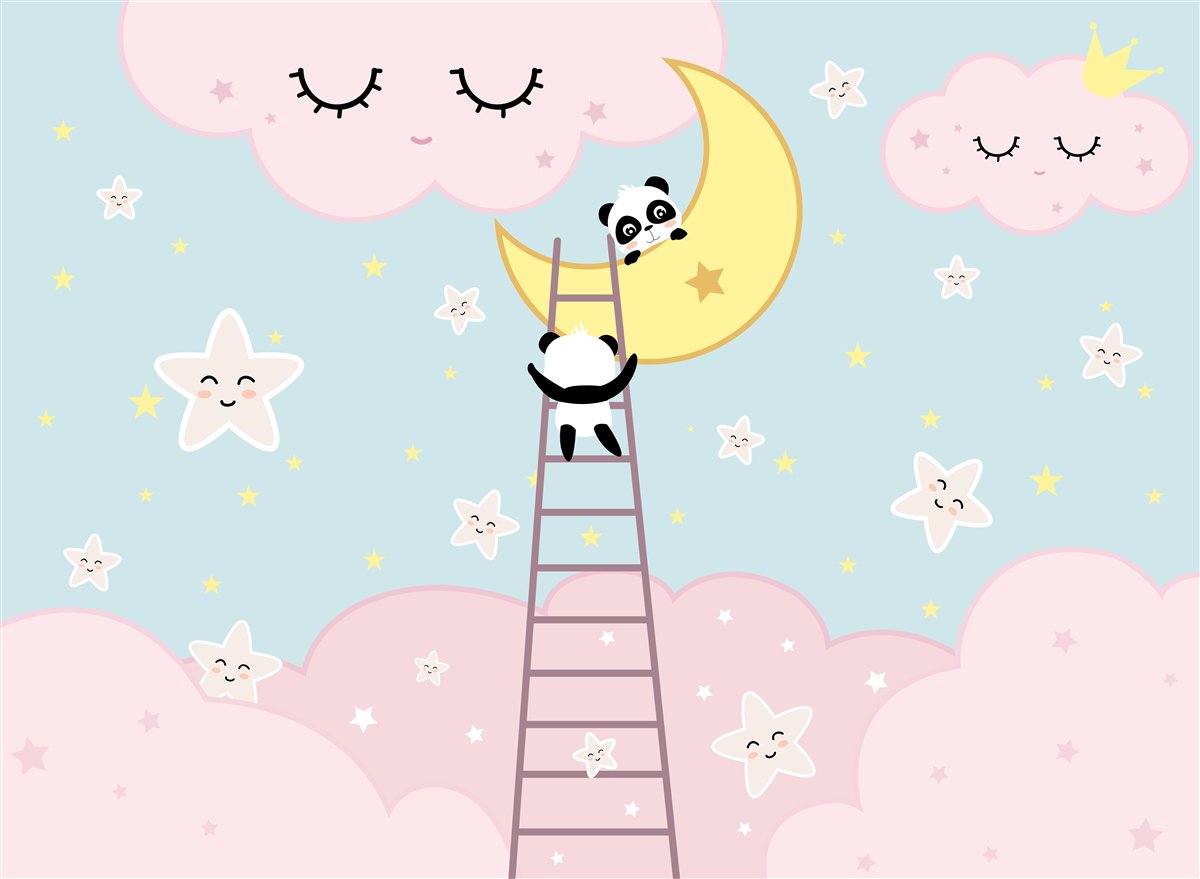 Fotobehang panda's beklimmen een ladder naar de maan