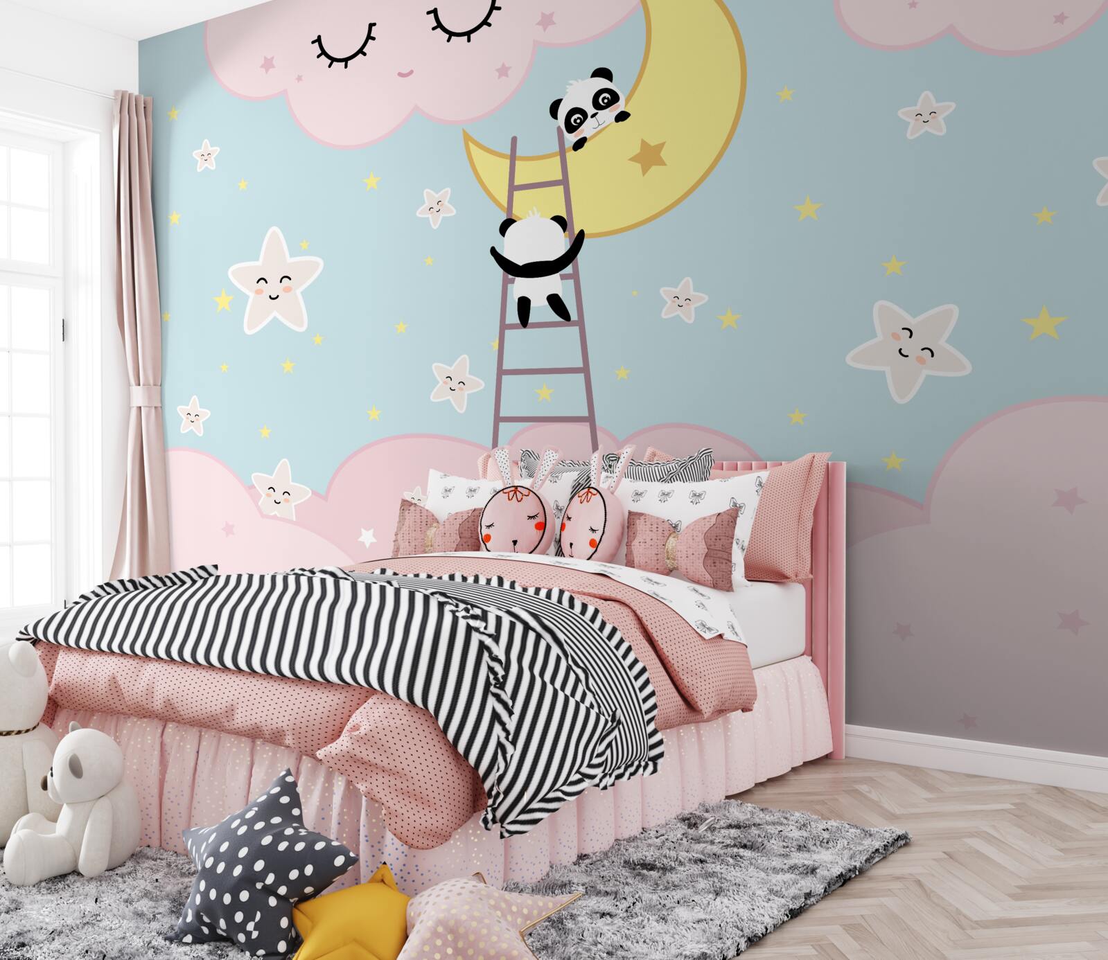 Fotobehang panda's beklimmen een ladder naar de maan