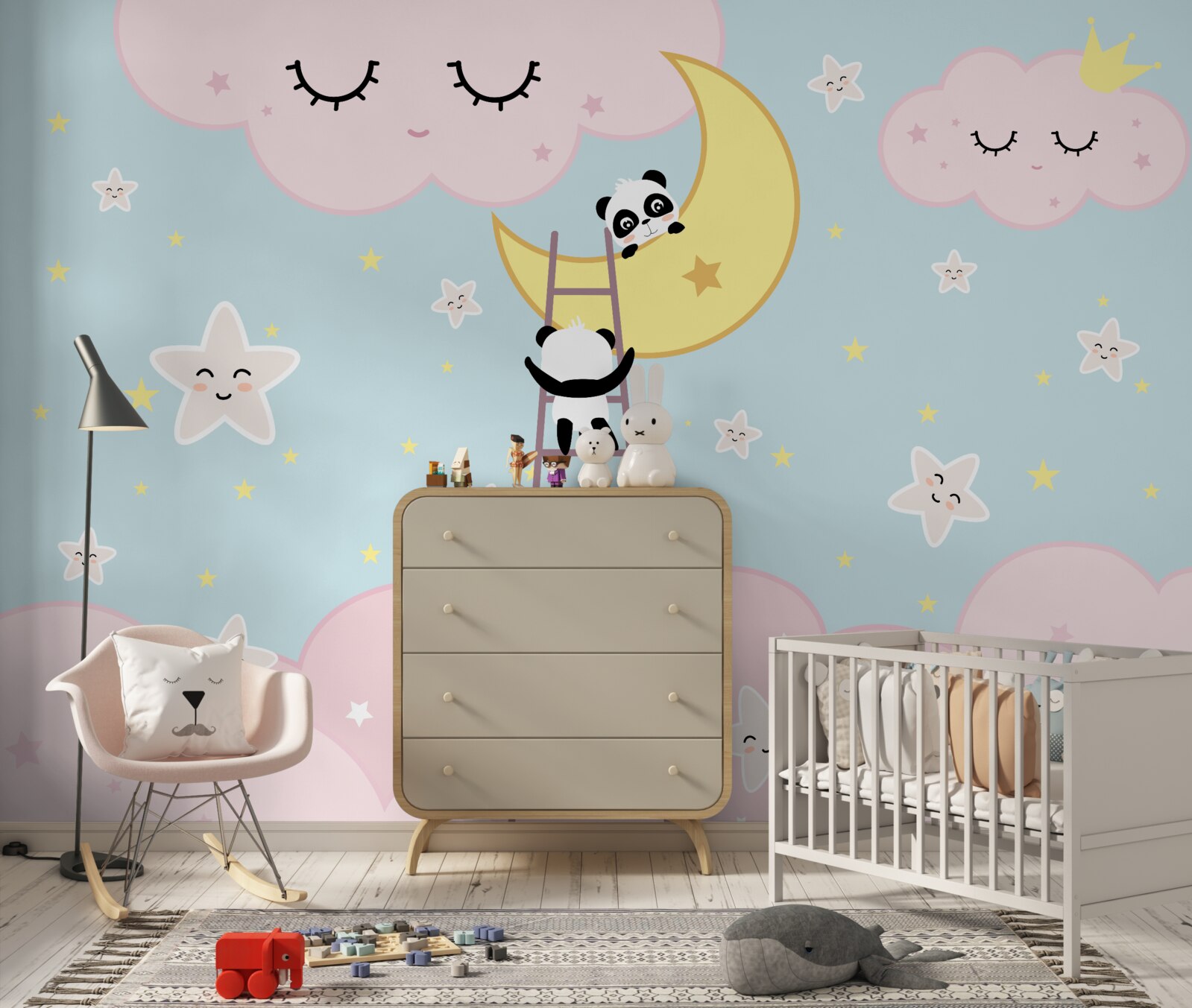 Fotobehang panda's beklimmen een ladder naar de maan