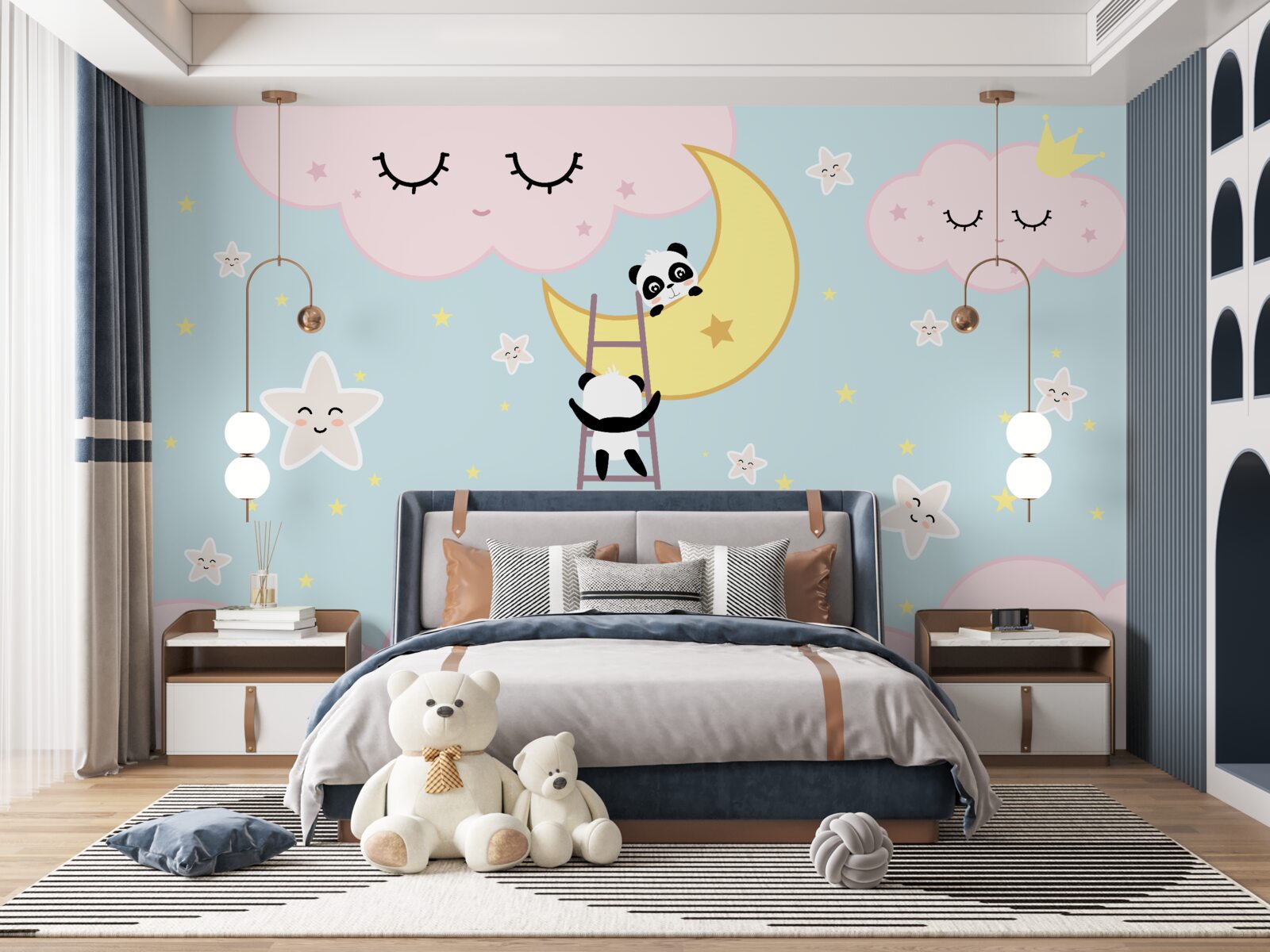 Fotobehang panda's beklimmen een ladder naar de maan