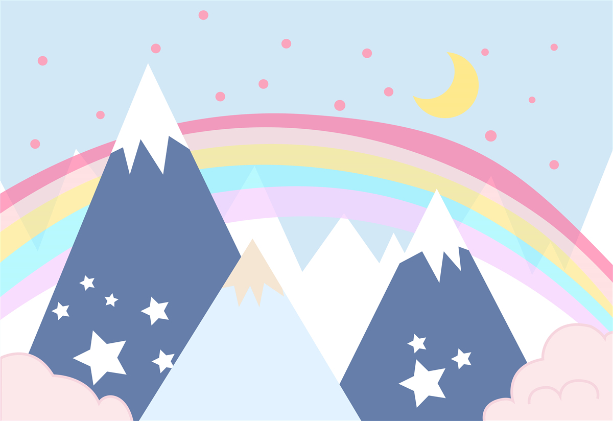 Fotobehang bergen in een blauwe tint met een regenboog op de achtergrond