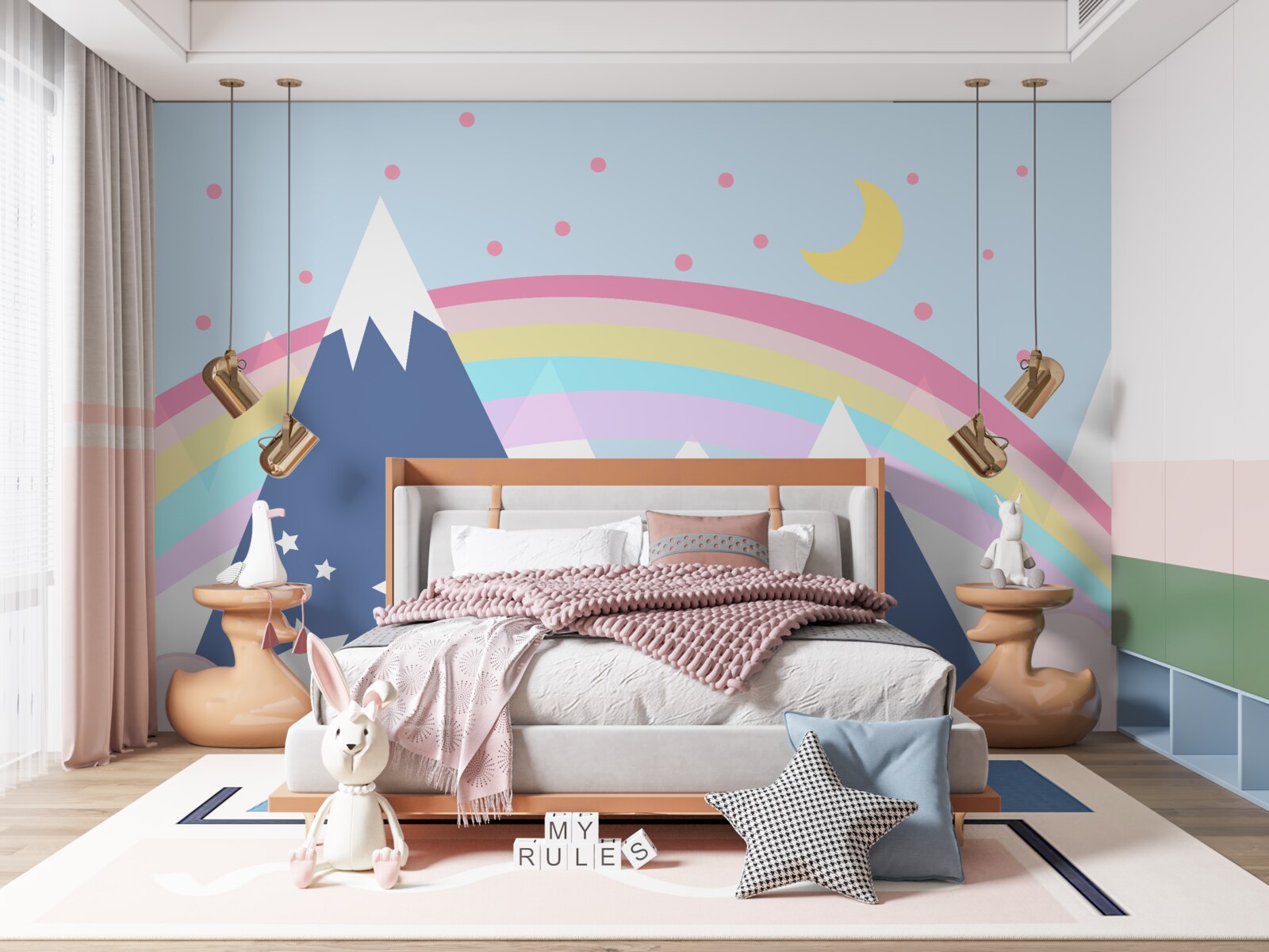 Fotobehang bergen in een blauwe tint met een regenboog op de achtergrond