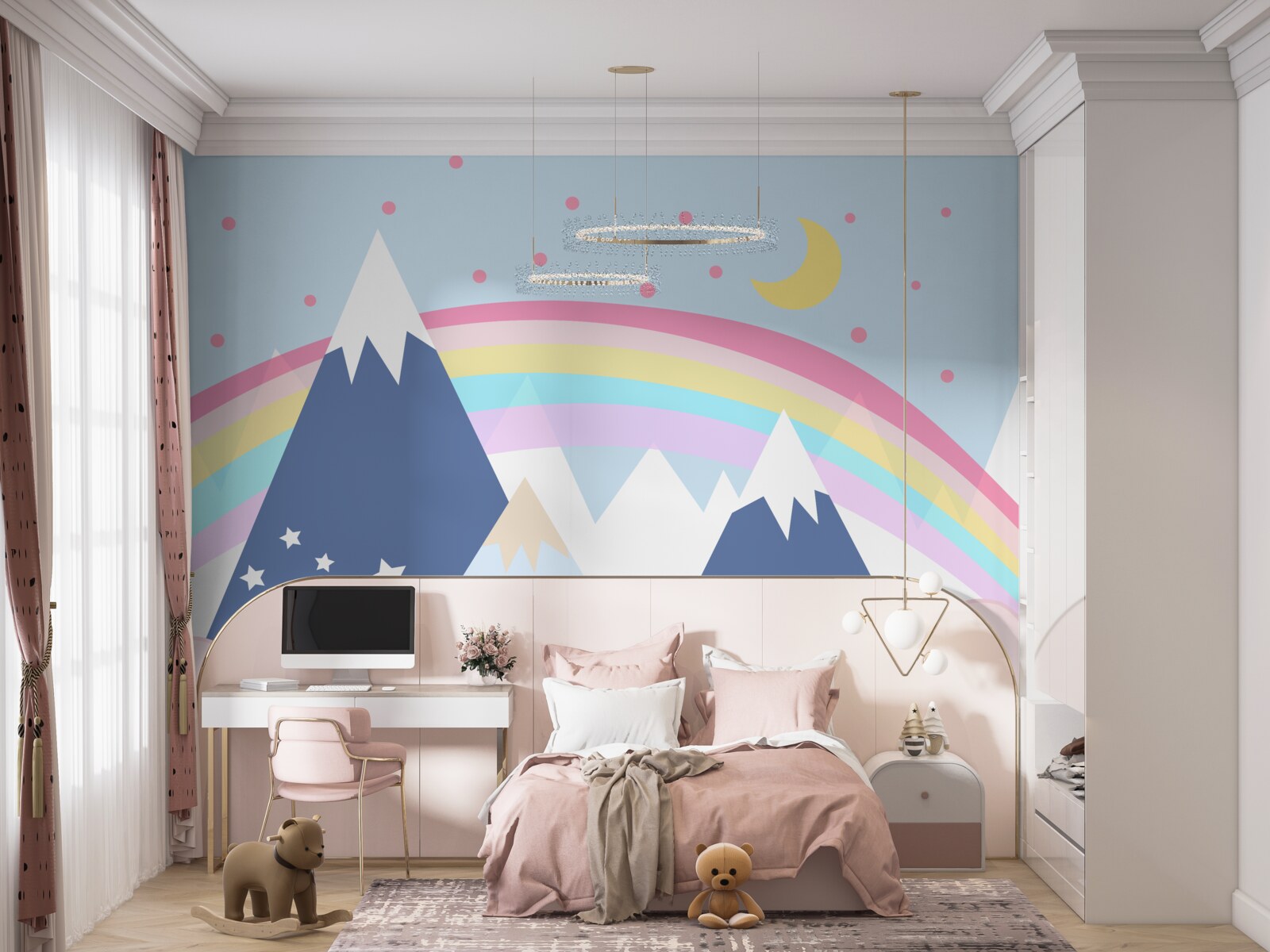 Fotobehang bergen in een blauwe tint met een regenboog op de achtergrond