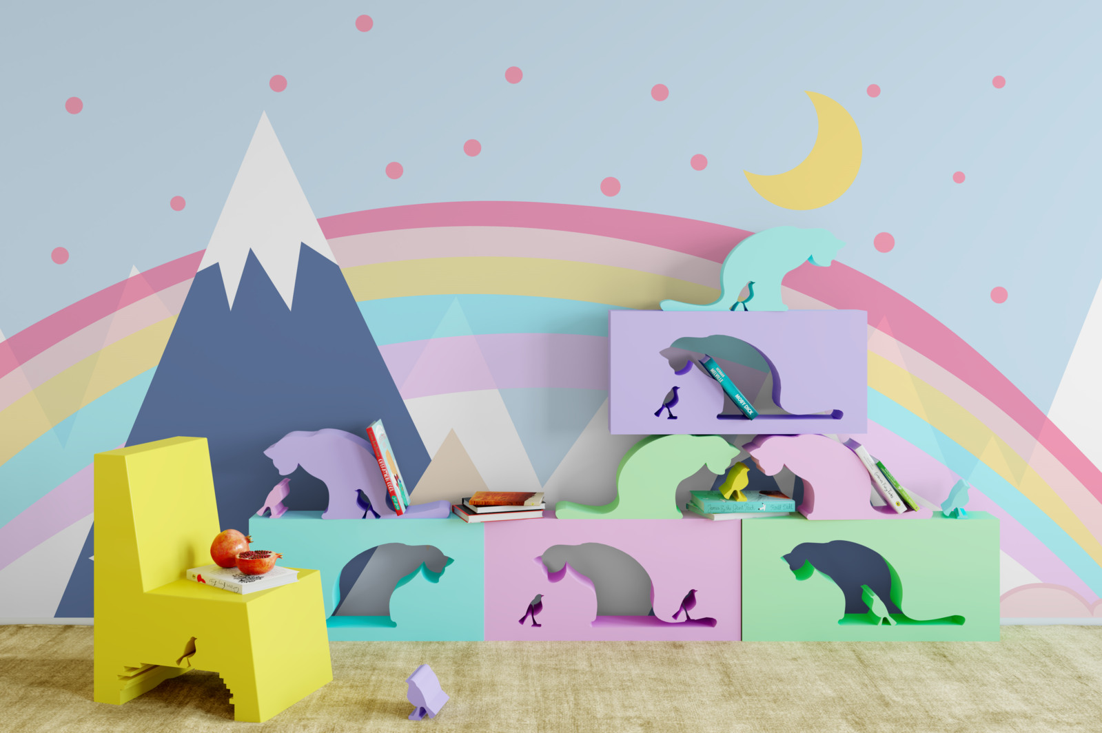 Fotobehang bergen in een blauwe tint met een regenboog op de achtergrond