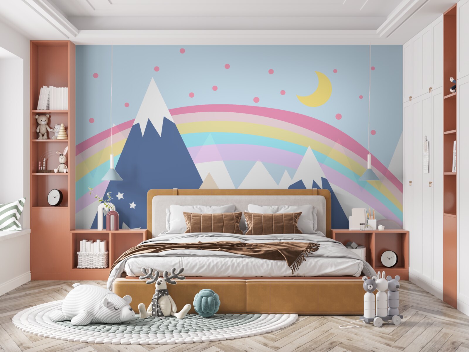 Fotobehang bergen in een blauwe tint met een regenboog op de achtergrond