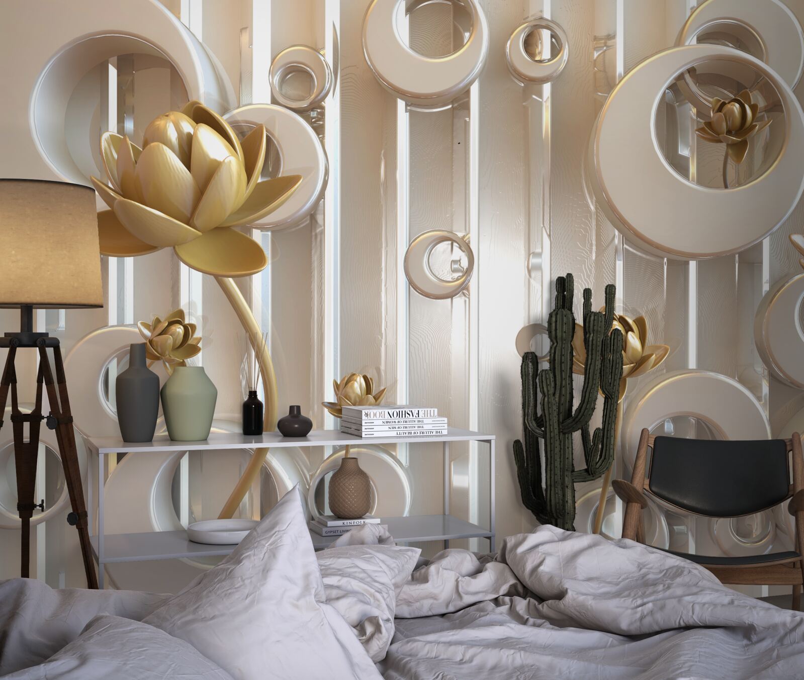 Fotobehang gouden bloemen en maanbollen