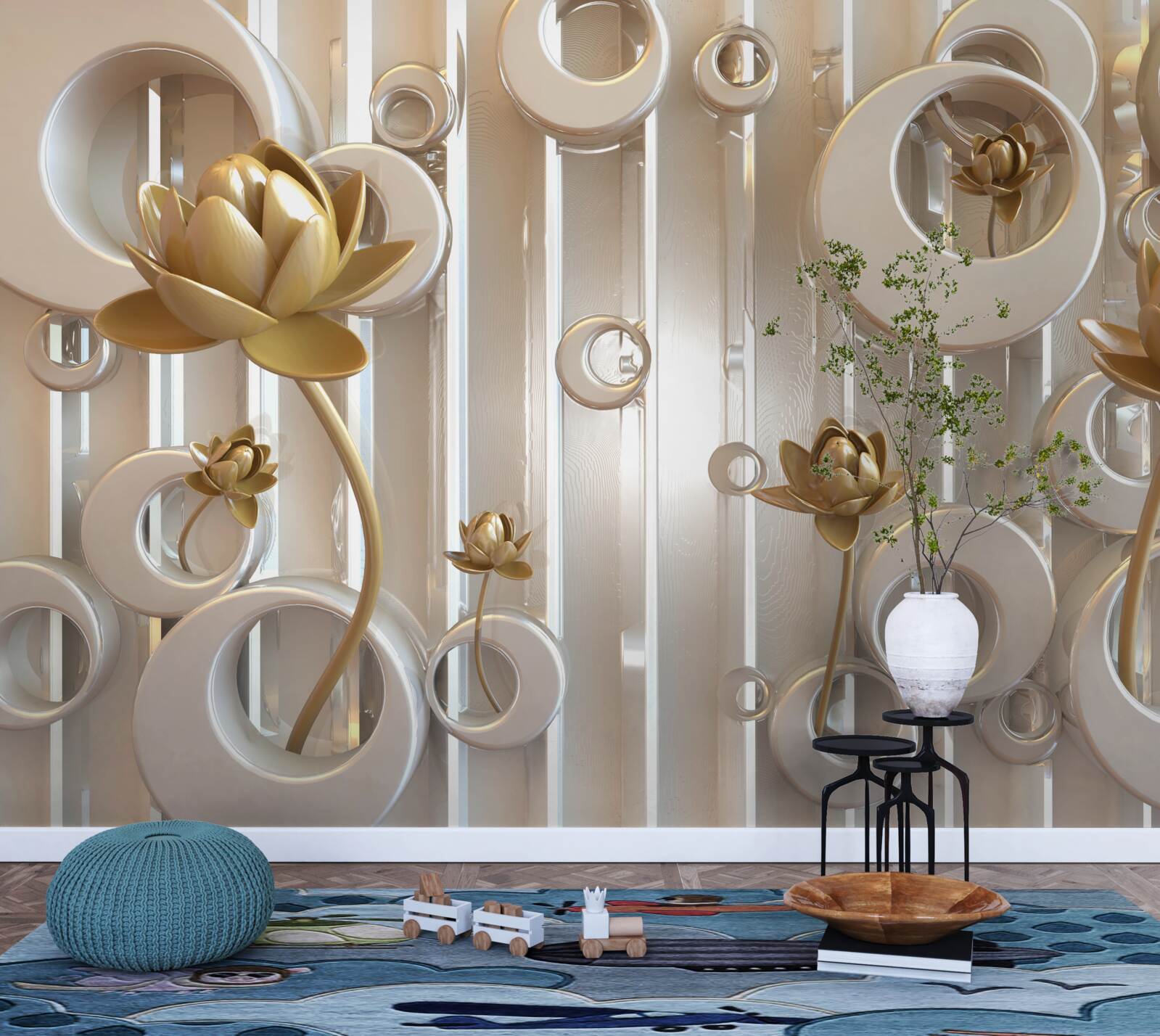 Fotobehang gouden bloemen en maanbollen