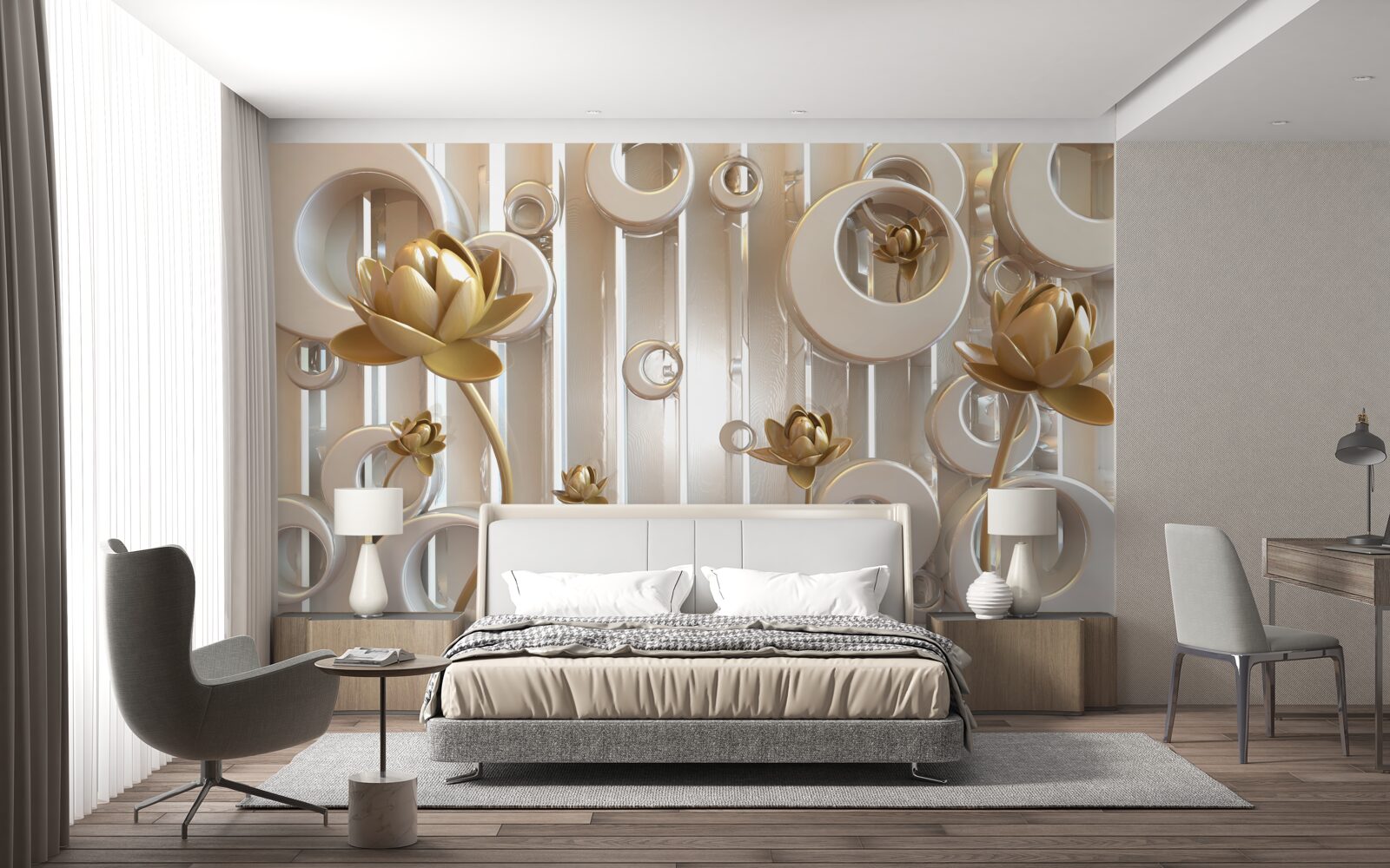 Fotobehang gouden bloemen en maanbollen