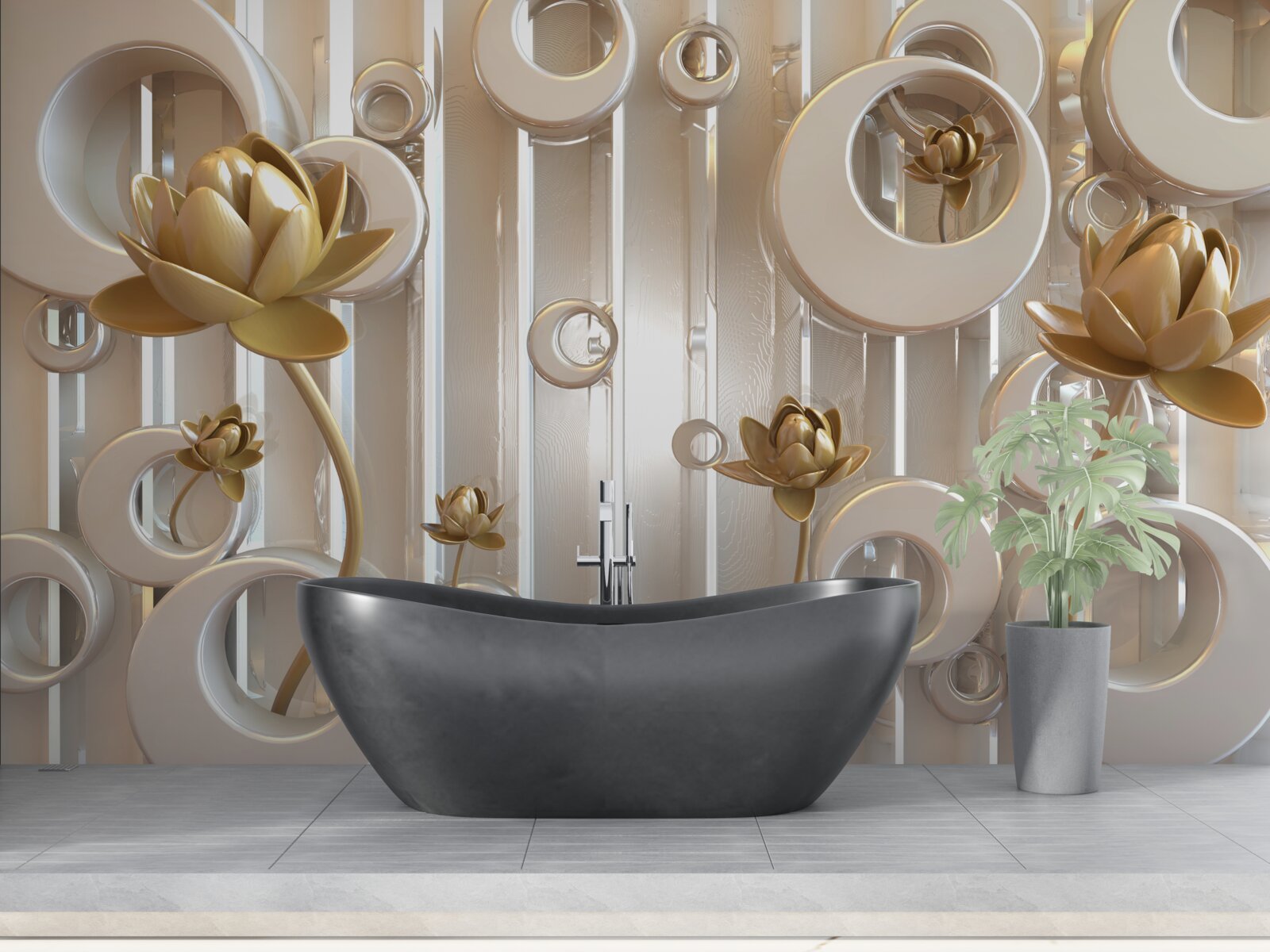 Fotobehang gouden bloemen en maanbollen