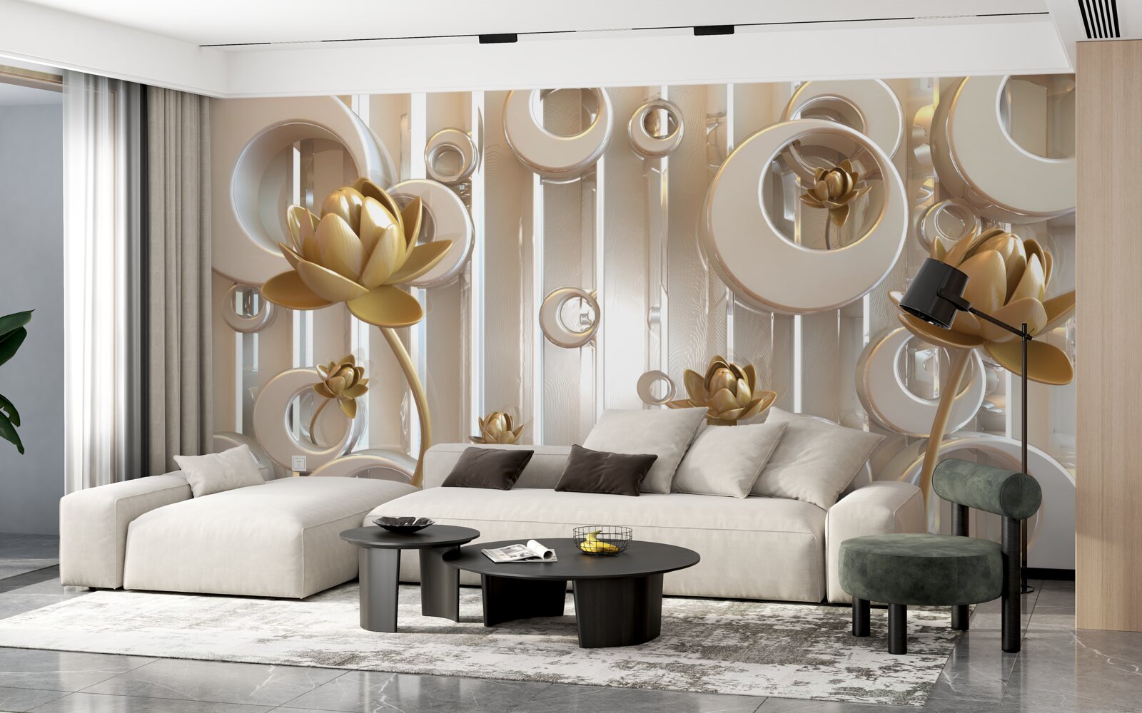 Fotobehang gouden bloemen en maanbollen