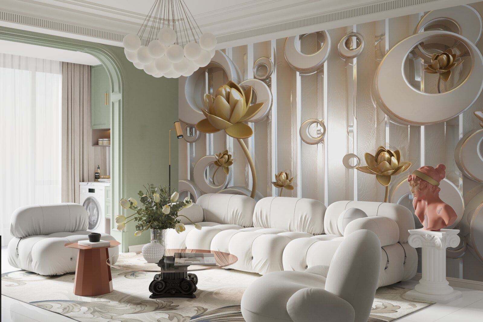 Fotobehang gouden bloemen en maanbollen