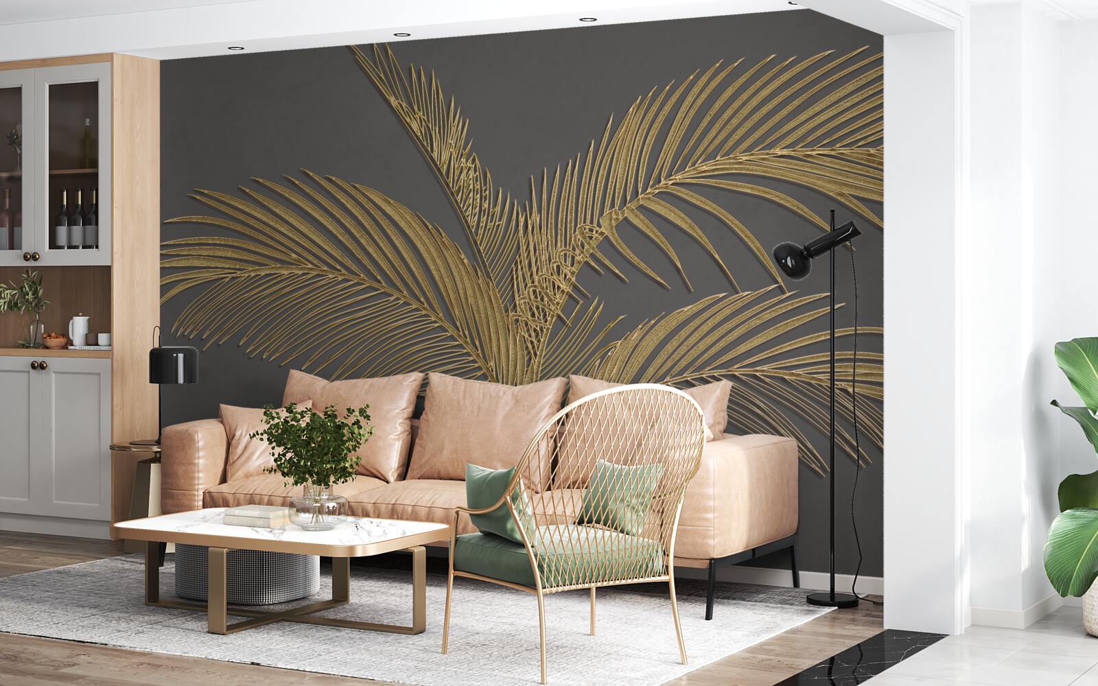 Fotobehang bruine veerblaadjes op een grijze achtergrond