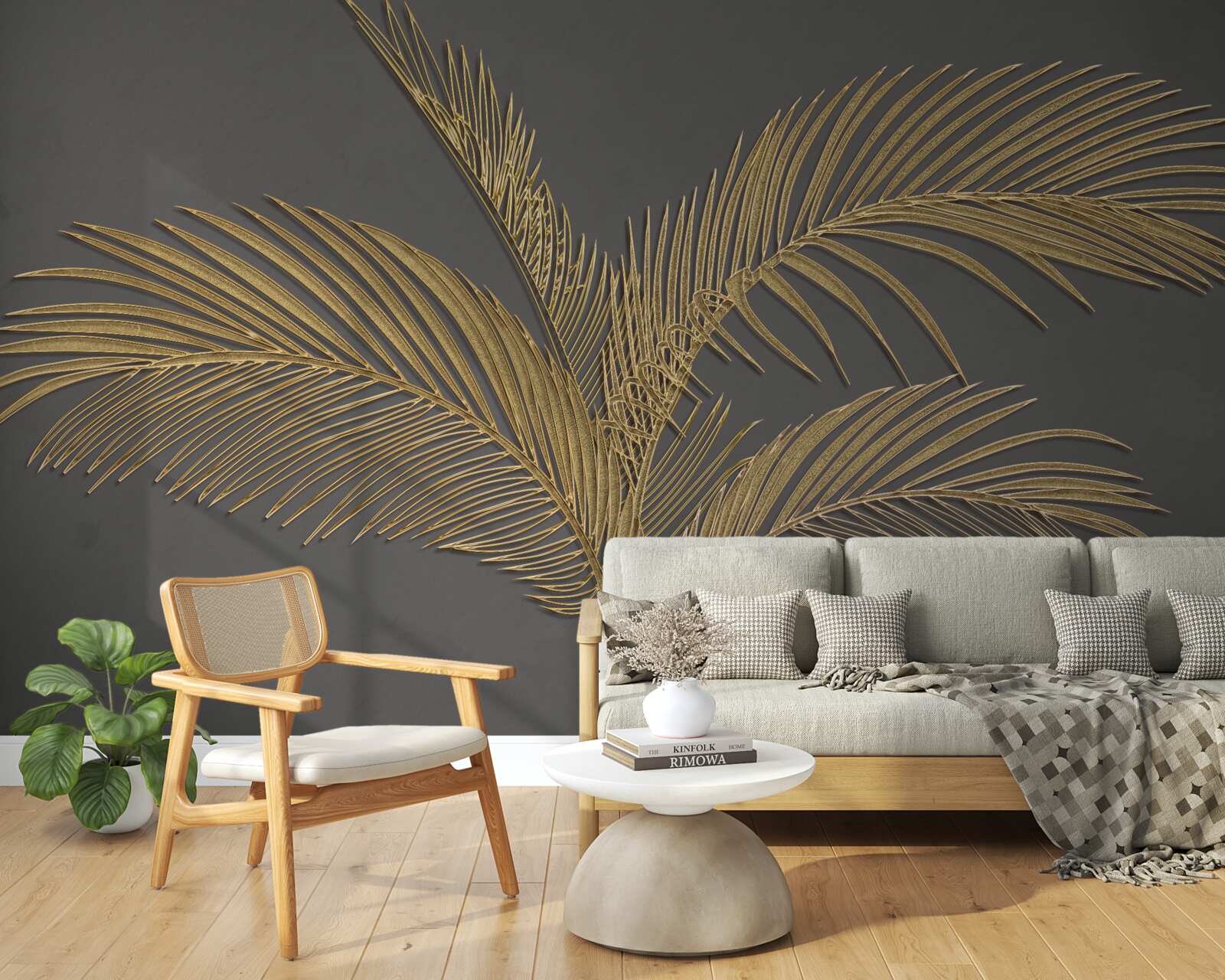 Fotobehang bruine veerblaadjes op een grijze achtergrond