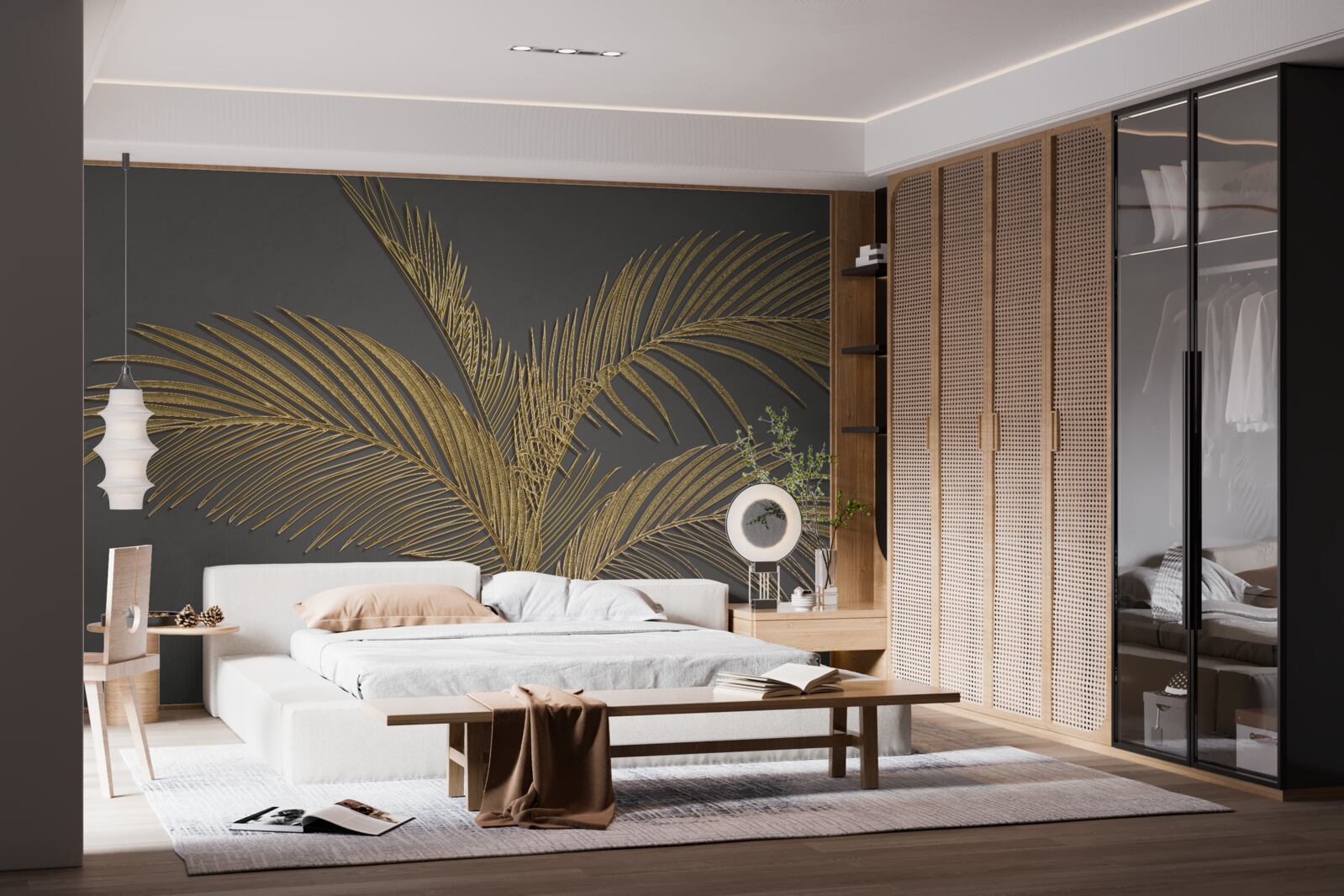 Fotobehang bruine veerblaadjes op een grijze achtergrond