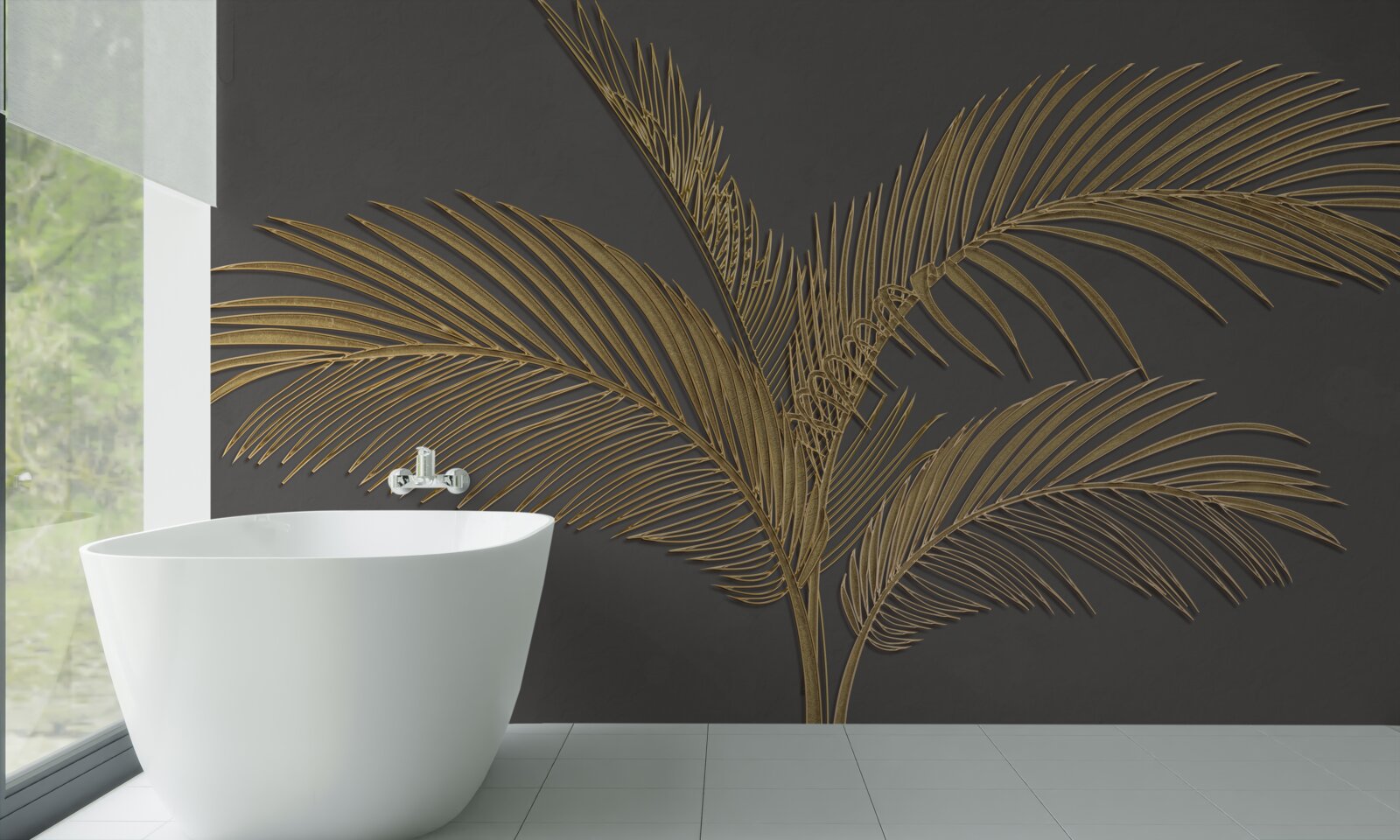 Fotobehang bruine veerblaadjes op een grijze achtergrond