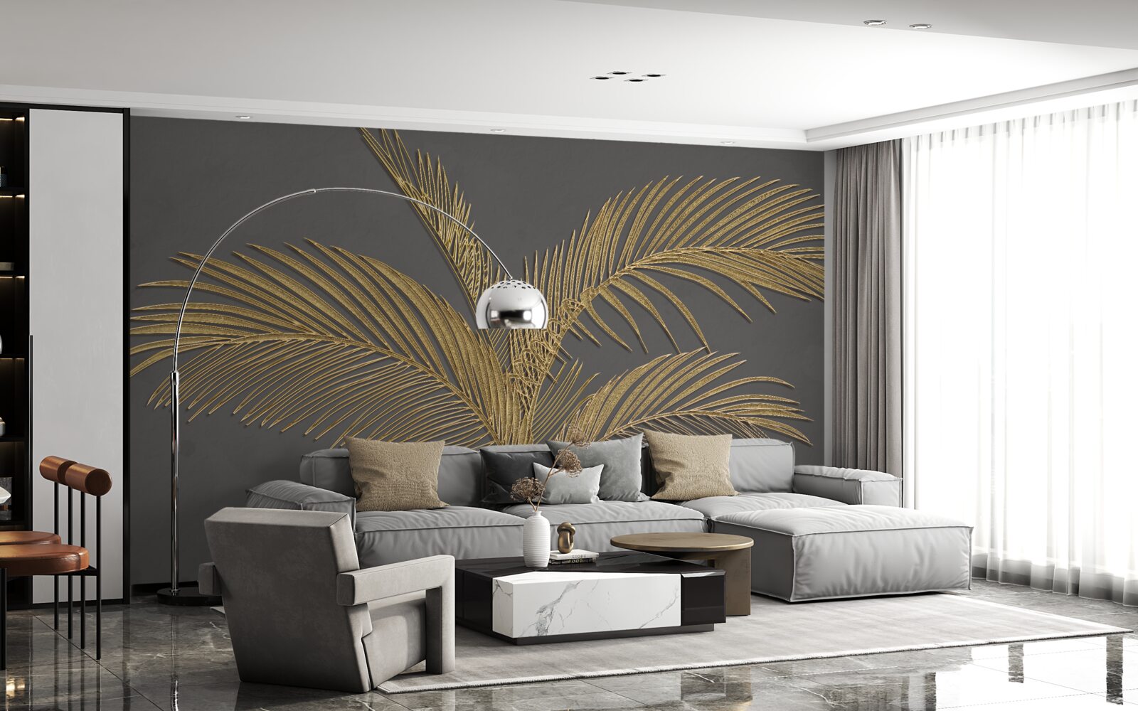 Fotobehang bruine veerblaadjes op een grijze achtergrond