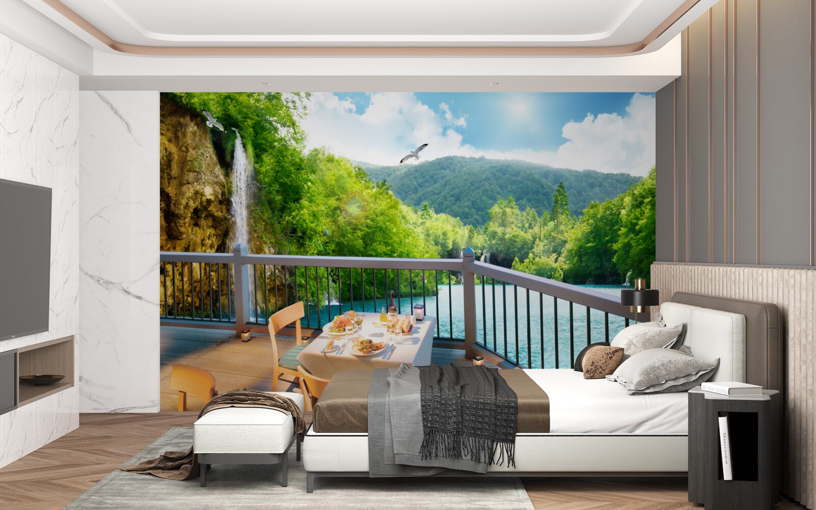 Fotobehang Ontbijt met prachtig landschap