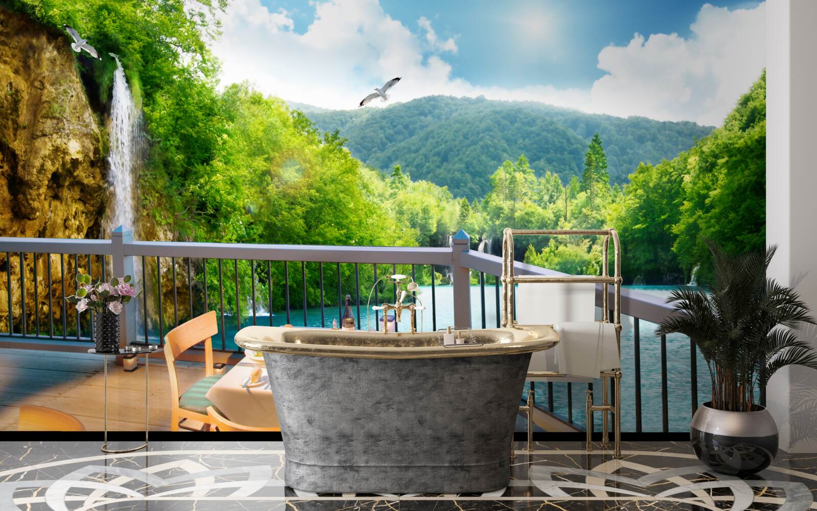 Fotobehang Ontbijt met prachtig landschap