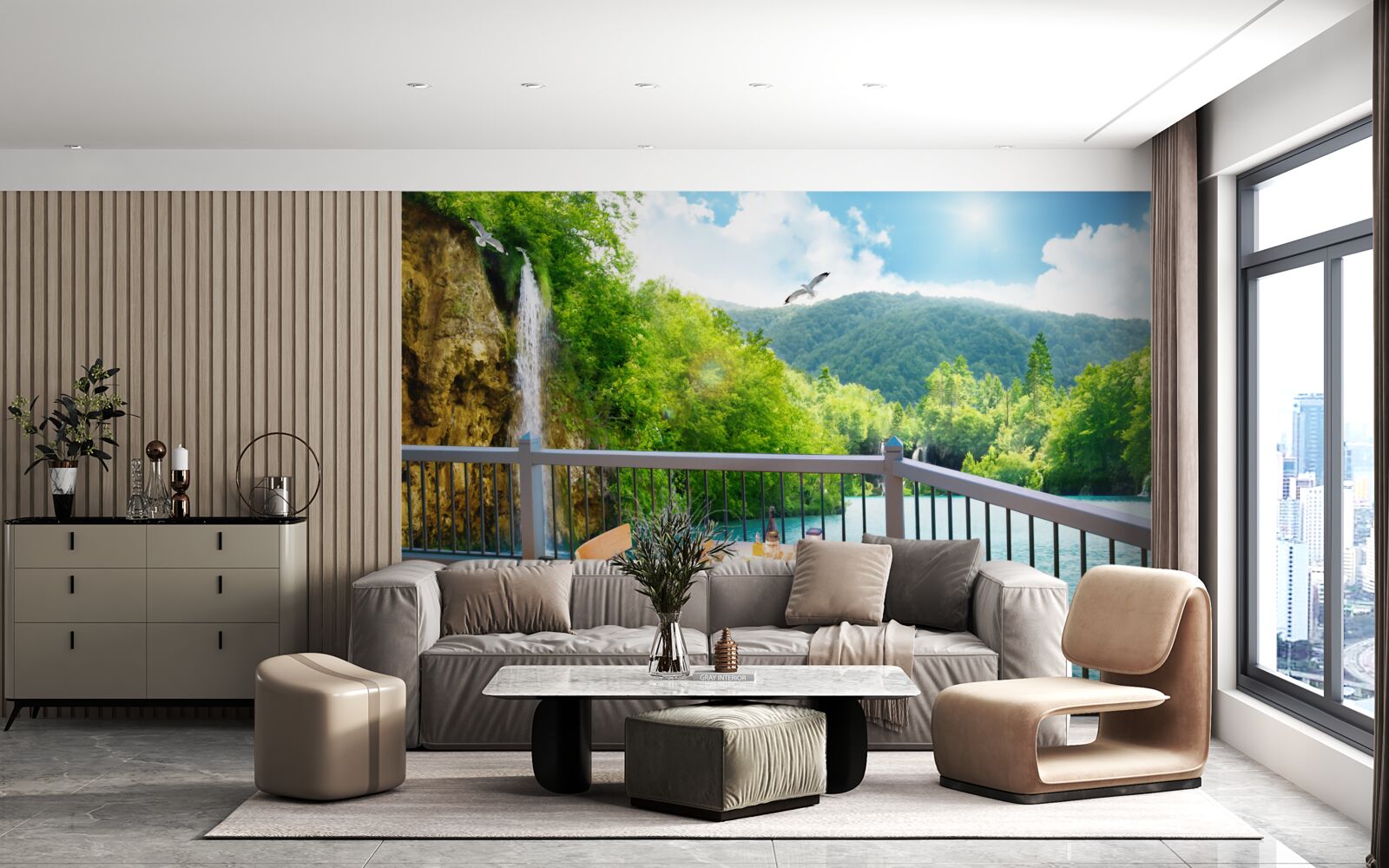 Fotobehang Ontbijt met prachtig landschap