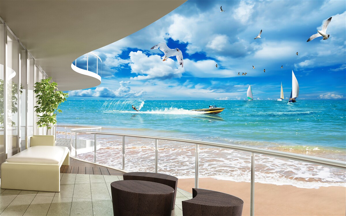 Fotobehang uitzicht op zee en moderne gazebo