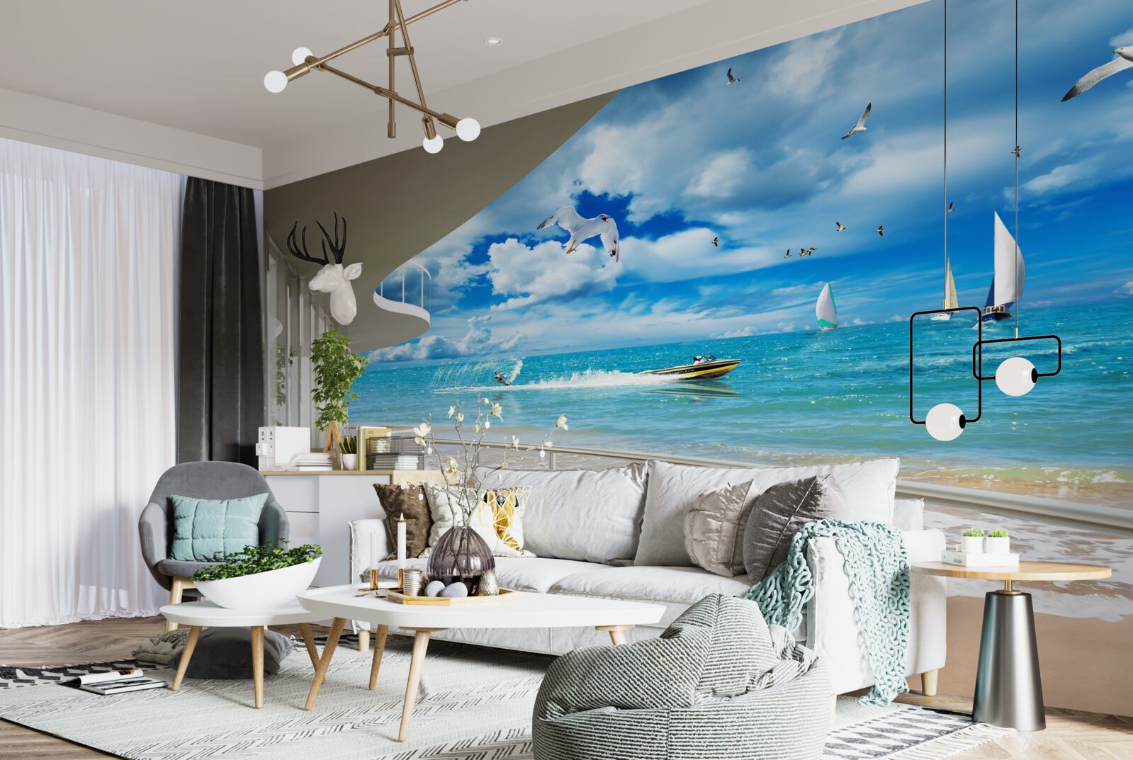 Fotobehang uitzicht op zee en moderne gazebo