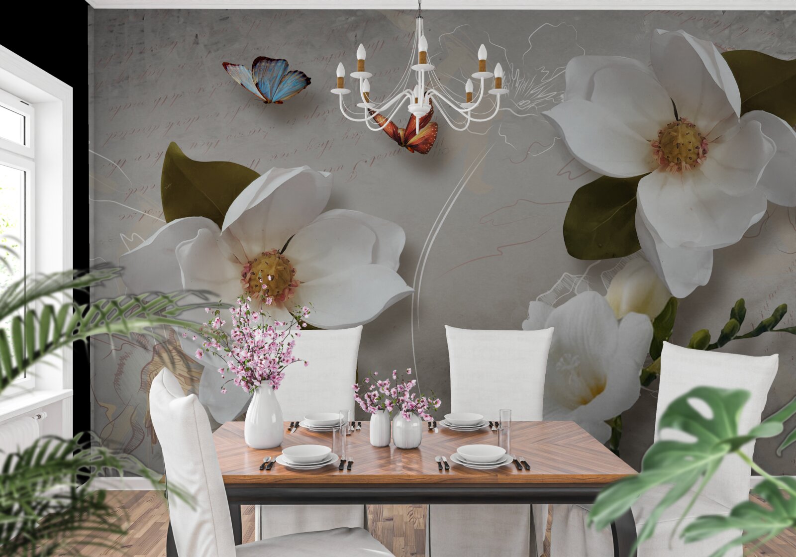 Fotobehang twee vlinders vliegen over sneeuwwitte bloemen