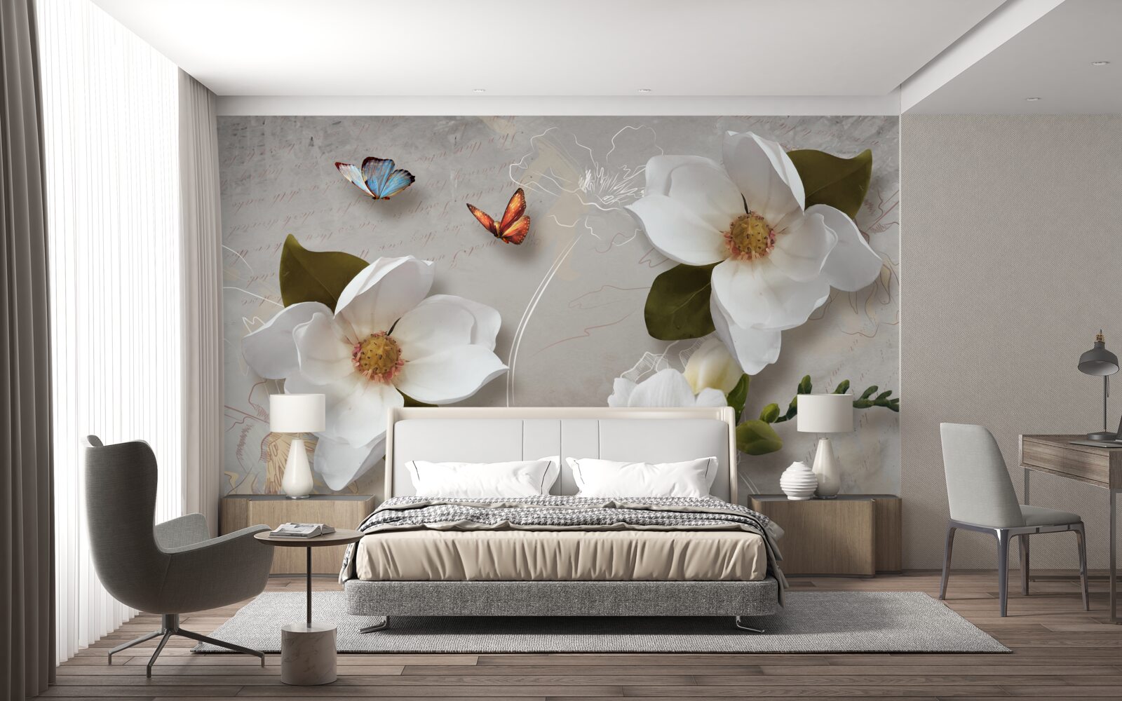 Fotobehang twee vlinders vliegen over sneeuwwitte bloemen