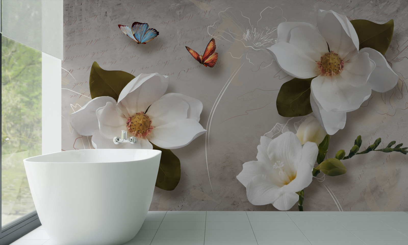 Fotobehang twee vlinders vliegen over sneeuwwitte bloemen