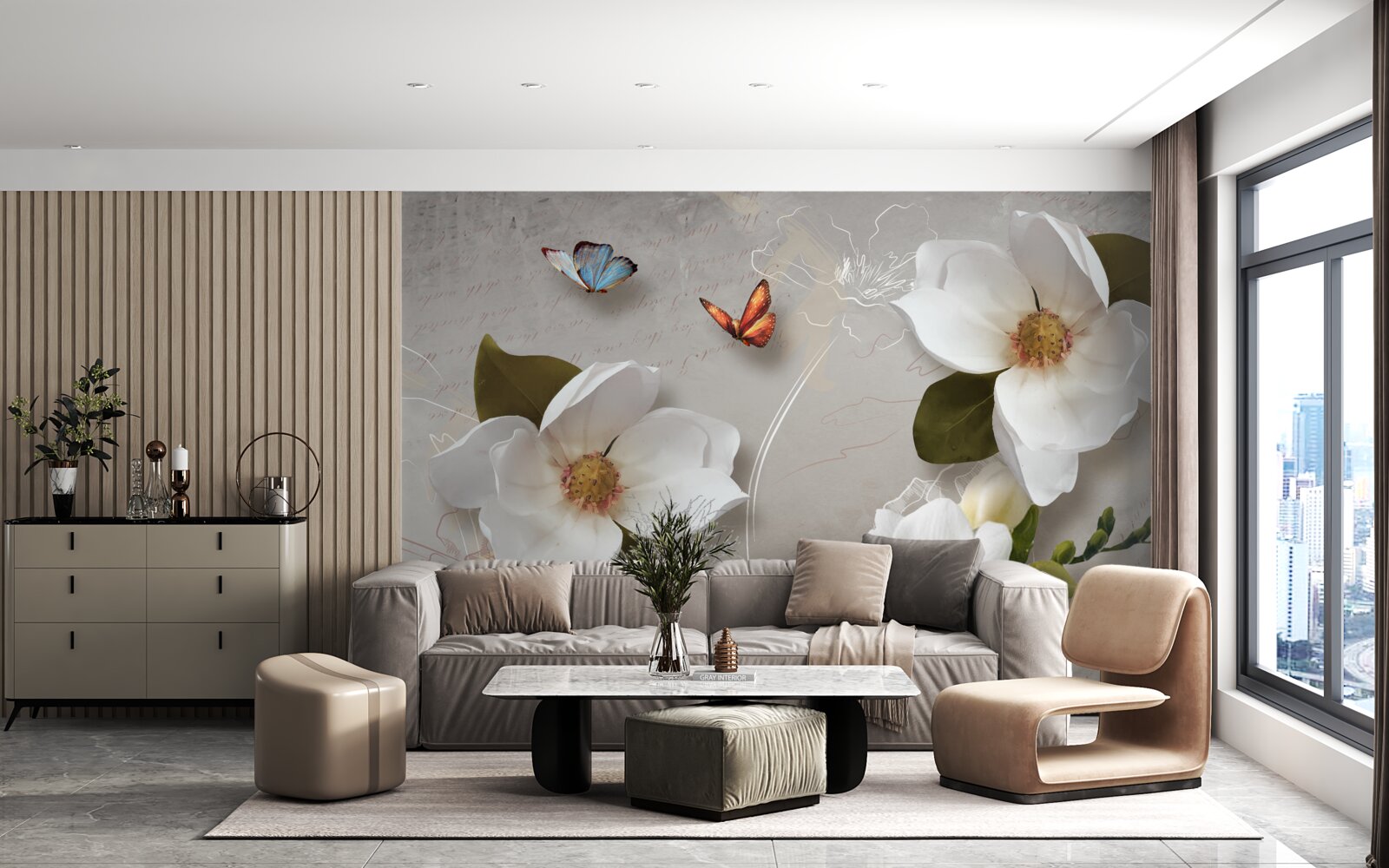 Fotobehang twee vlinders vliegen over sneeuwwitte bloemen