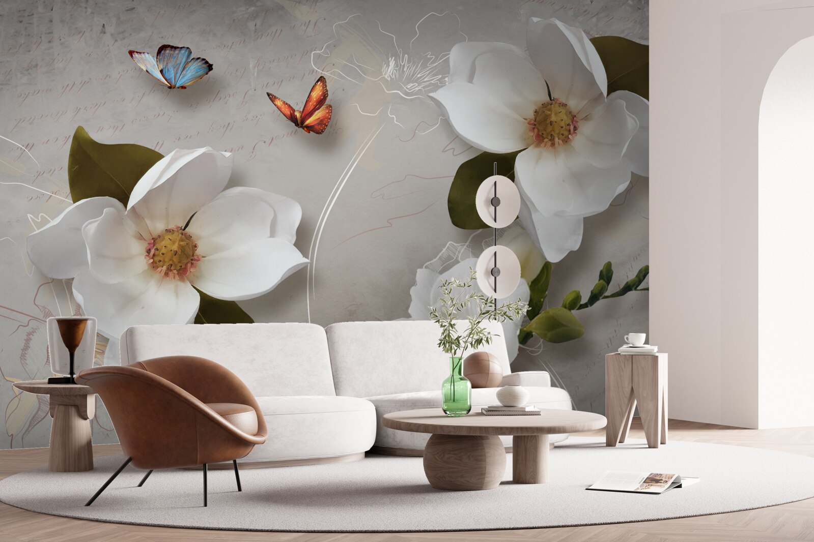 Fotobehang twee vlinders vliegen over sneeuwwitte bloemen