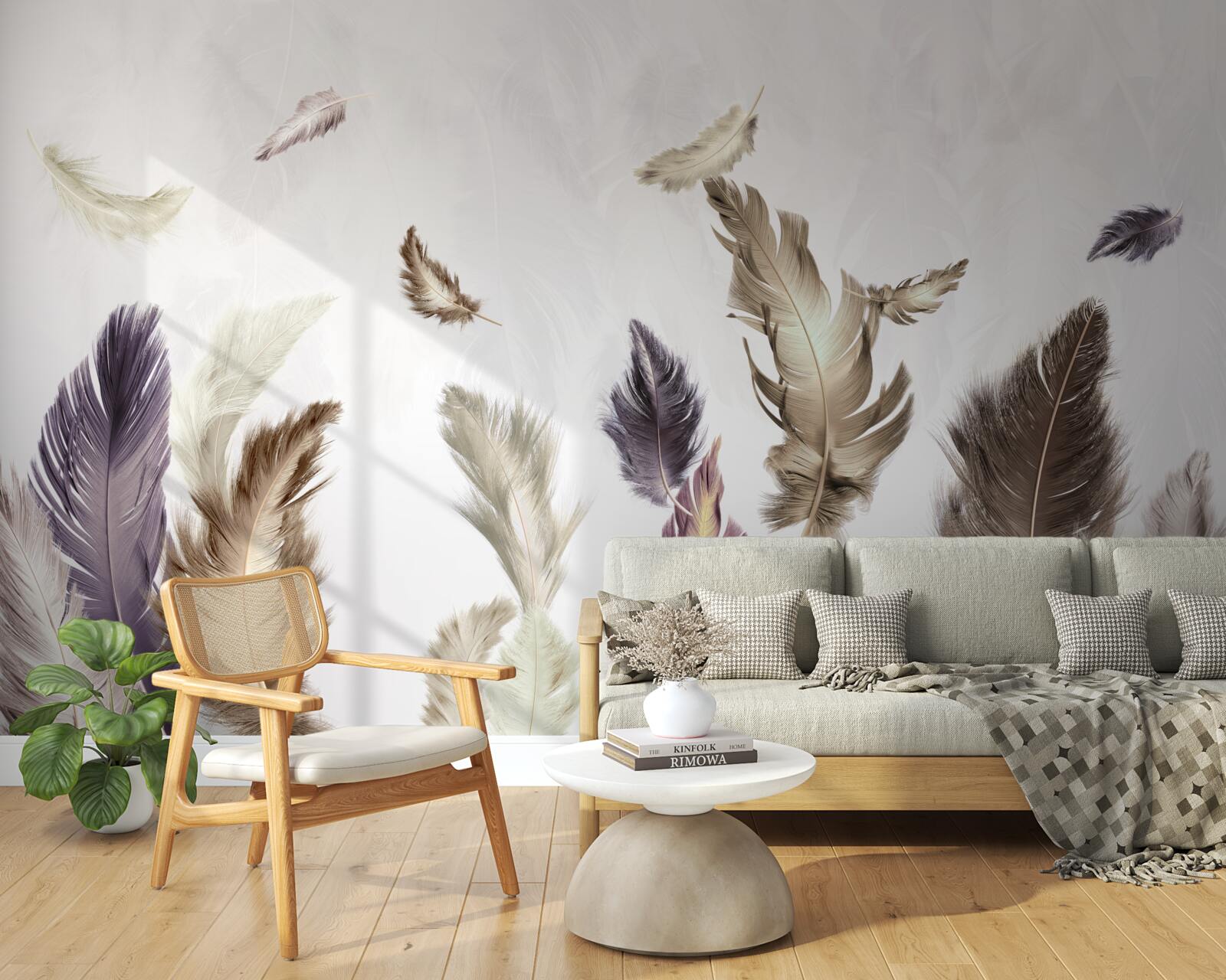 Fotobehang romige veertinten