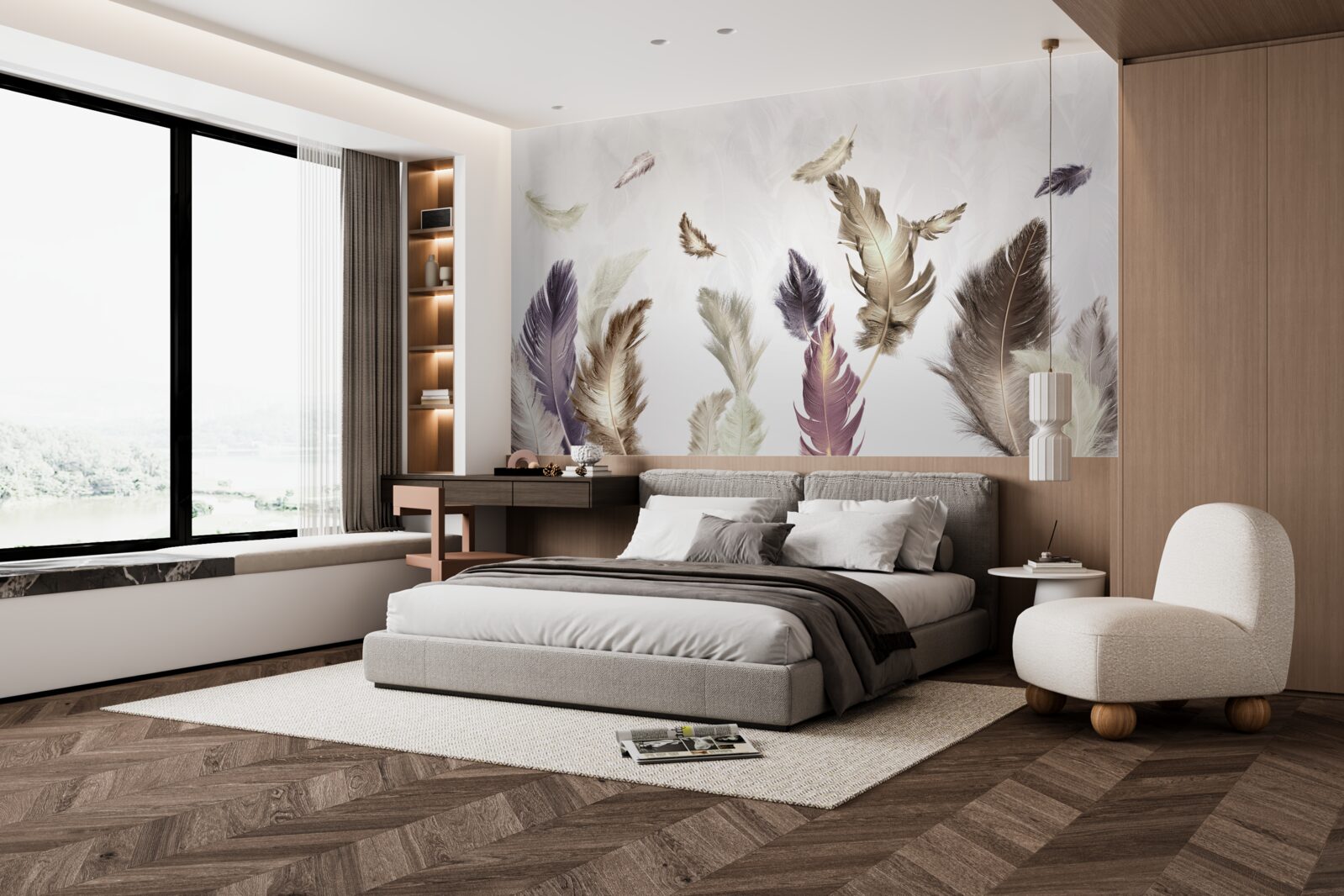 Fotobehang romige veertinten