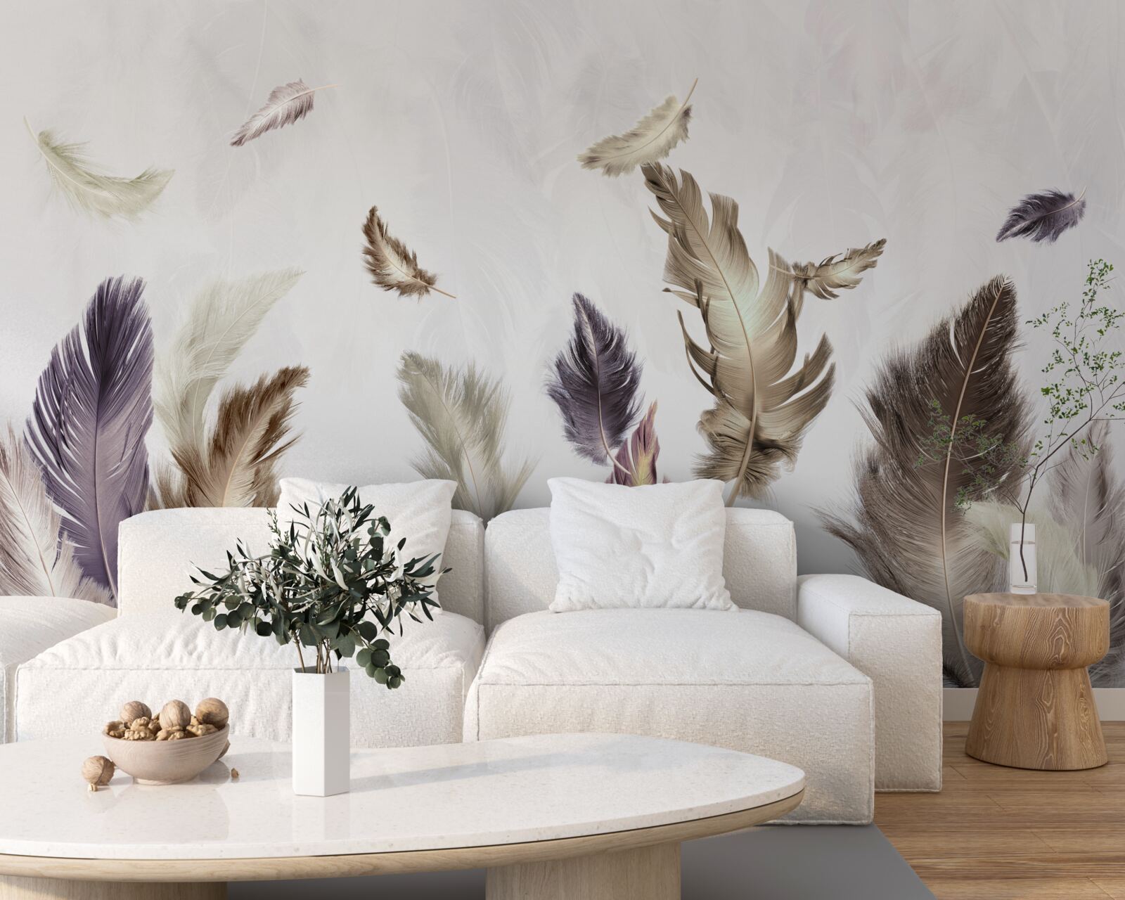 Fotobehang romige veertinten