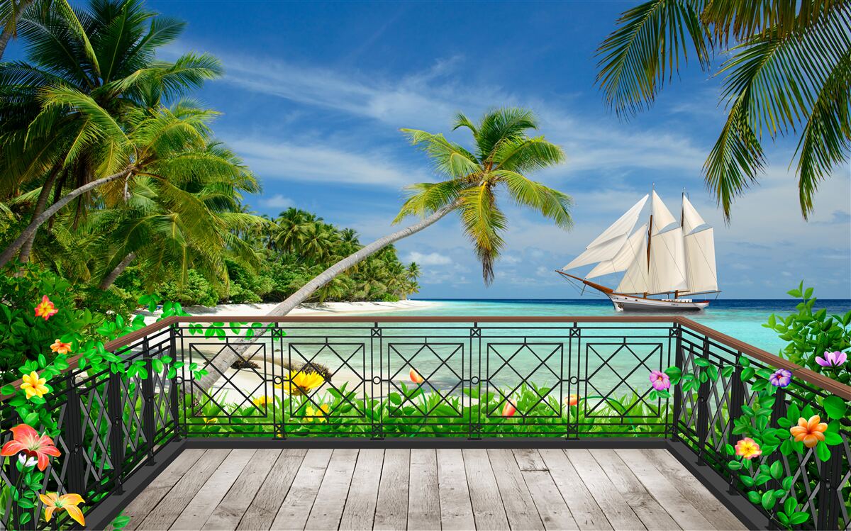 Fotobehang zeekust met balkon