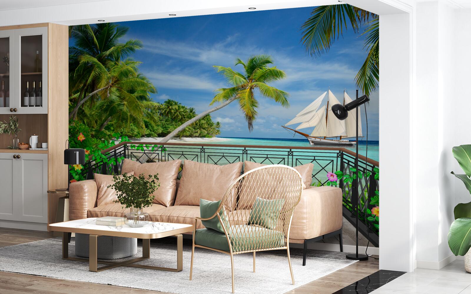 Fotobehang zeekust met balkon