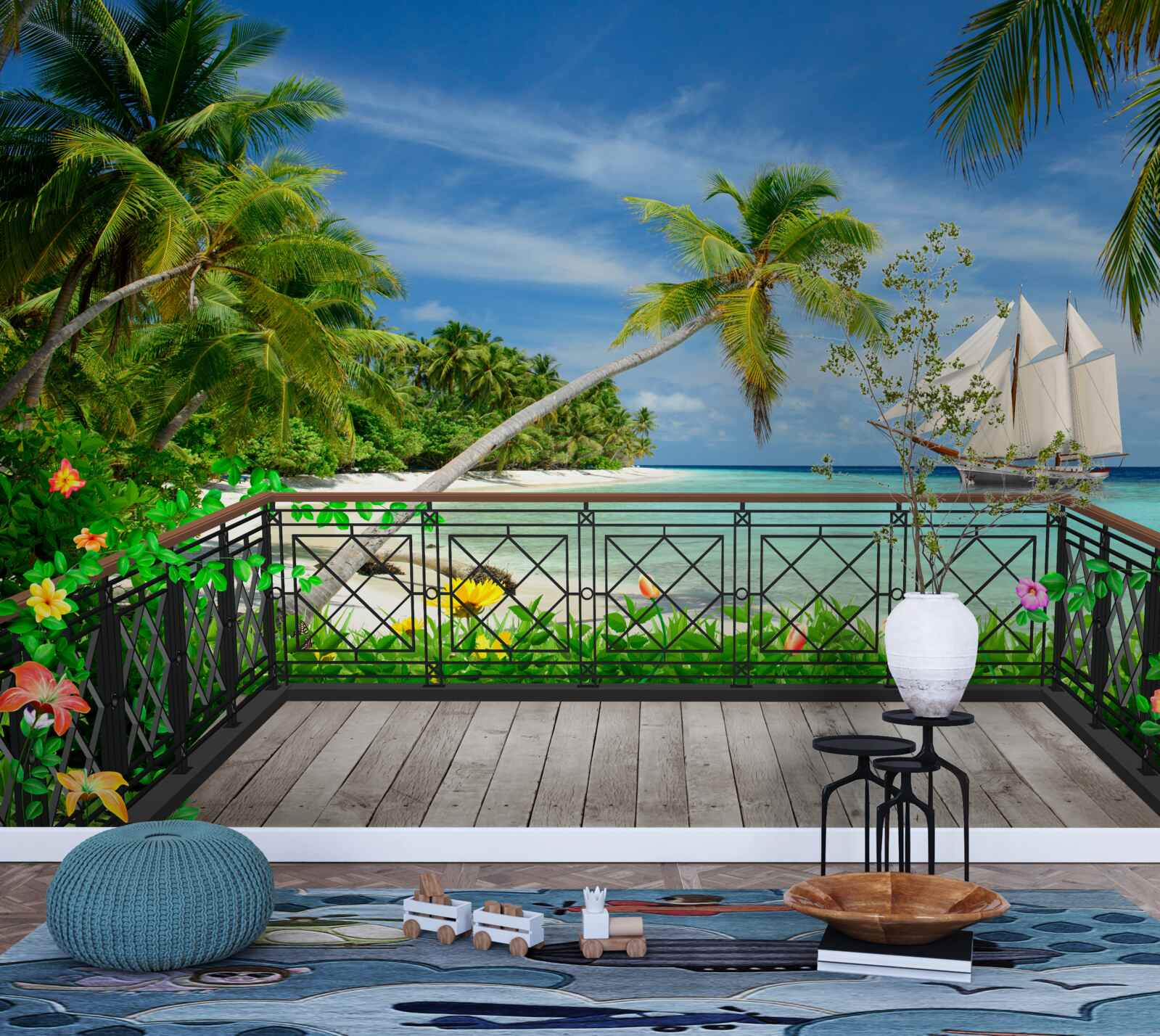 Fotobehang zeekust met balkon