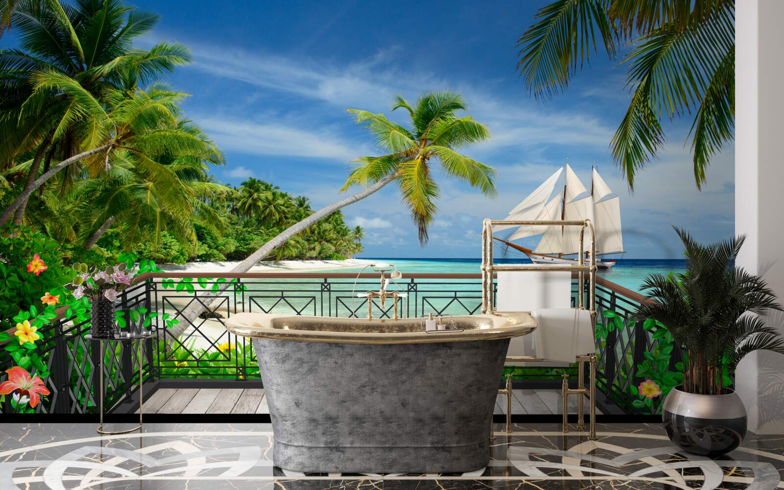 Fotobehang zeekust met balkon