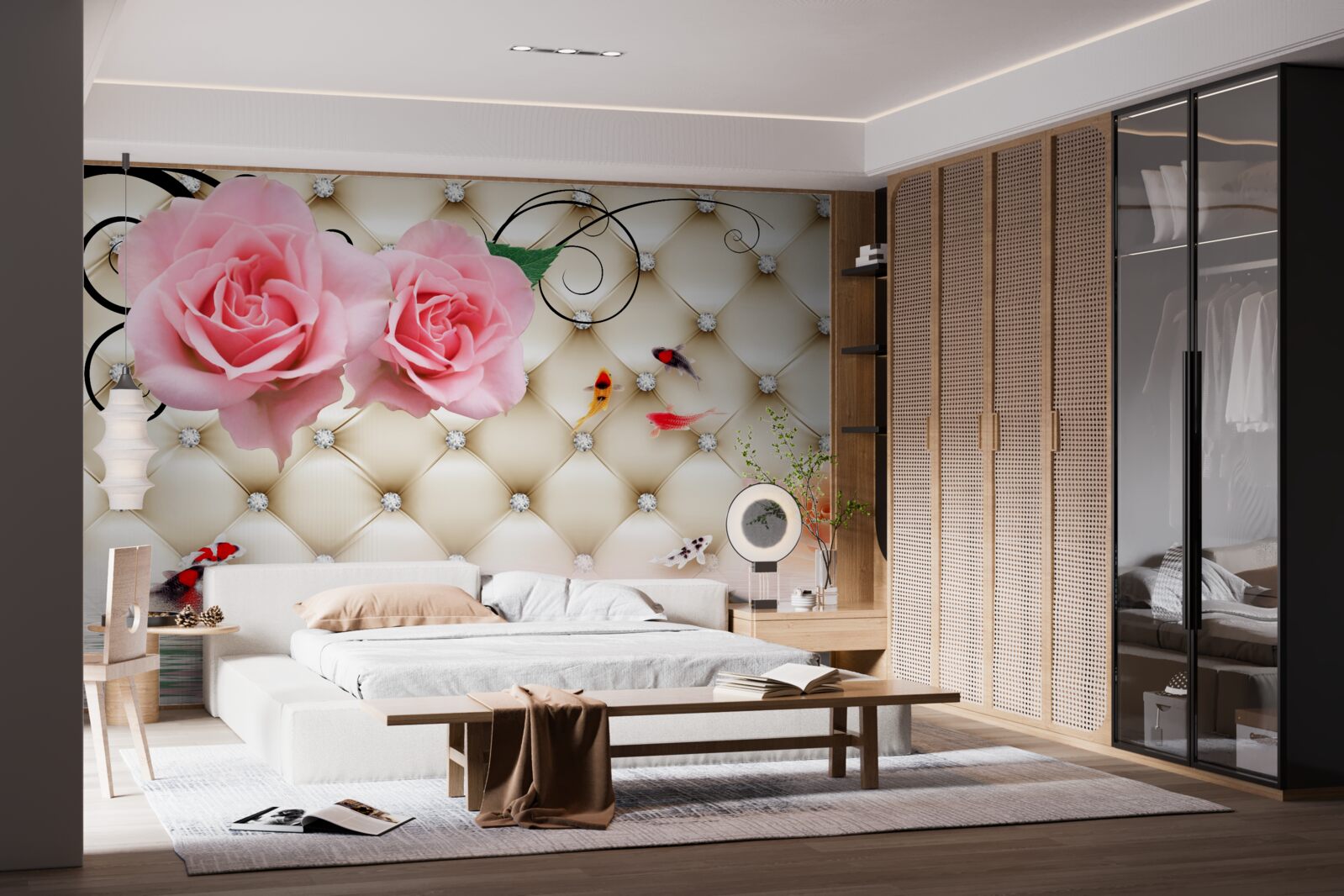 Fotobehang vlinders en rozen over de vitale elementen