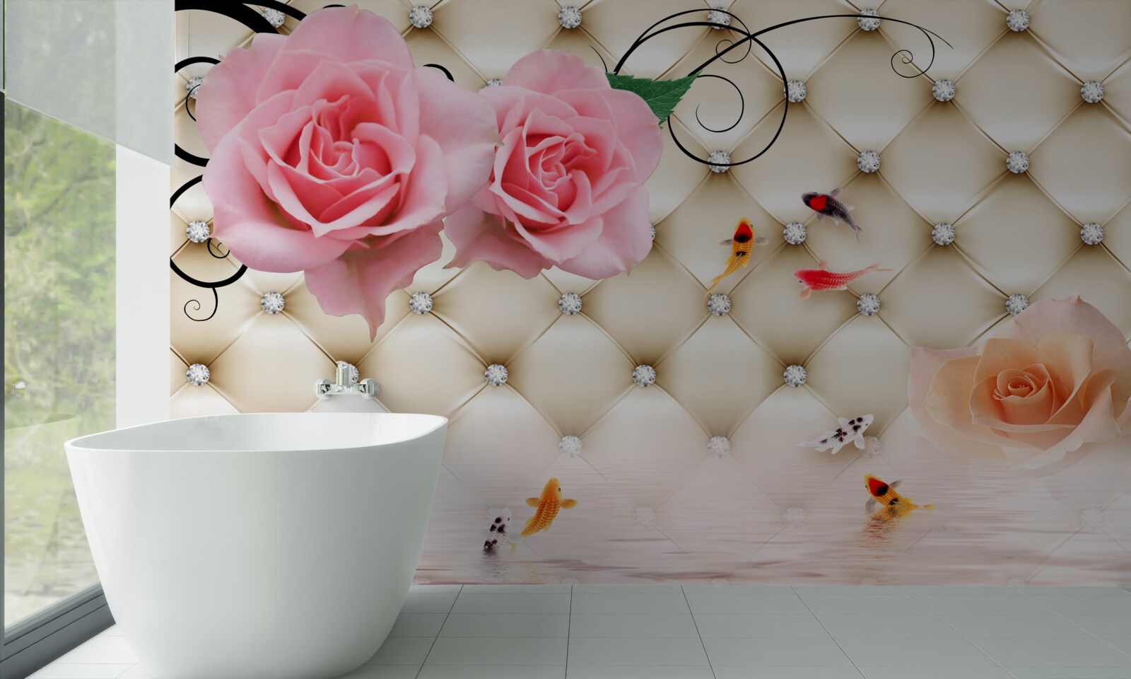 Fotobehang vlinders en rozen over de vitale elementen