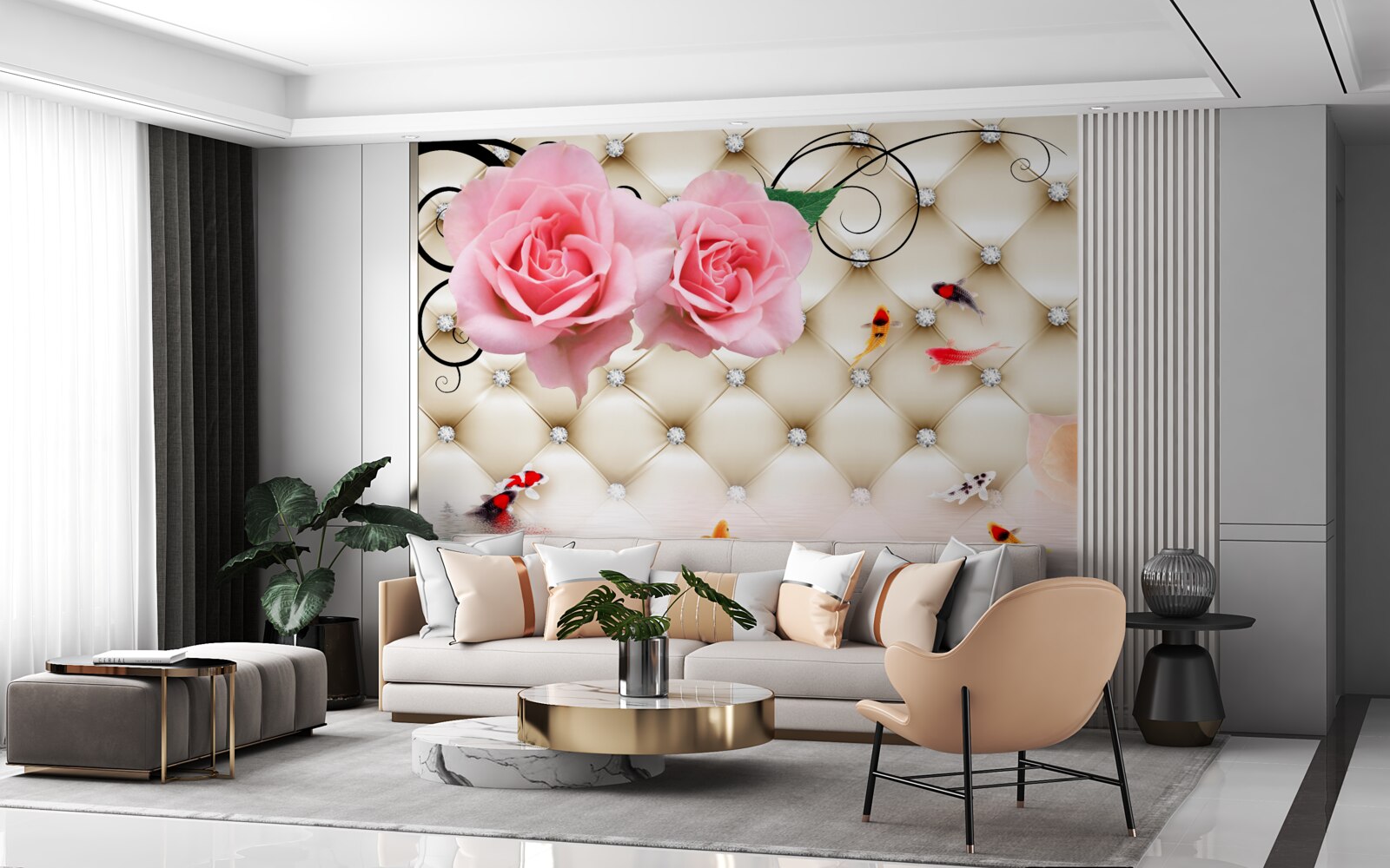 Fotobehang vlinders en rozen over de vitale elementen