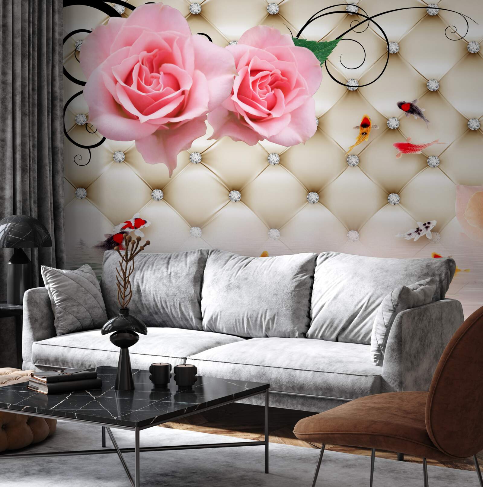 Fotobehang vlinders en rozen over de vitale elementen