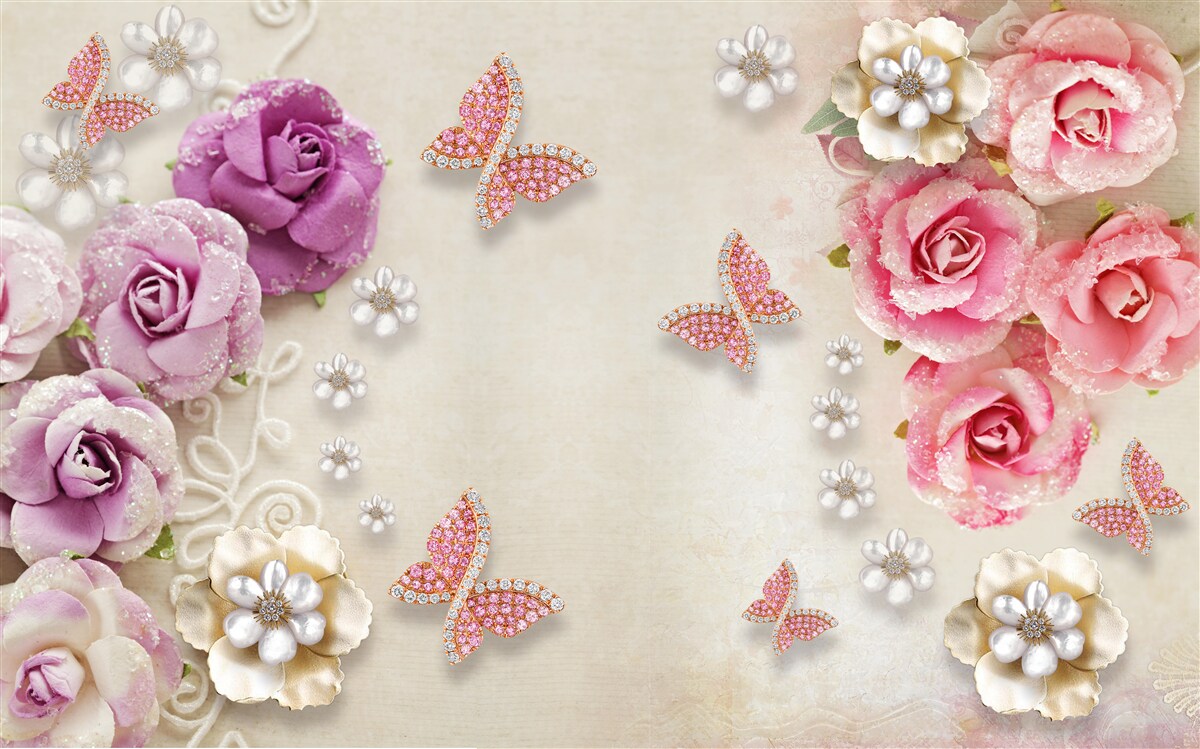 Fotobehang bloemen worden omringd door vlinders gemaakt van stenen