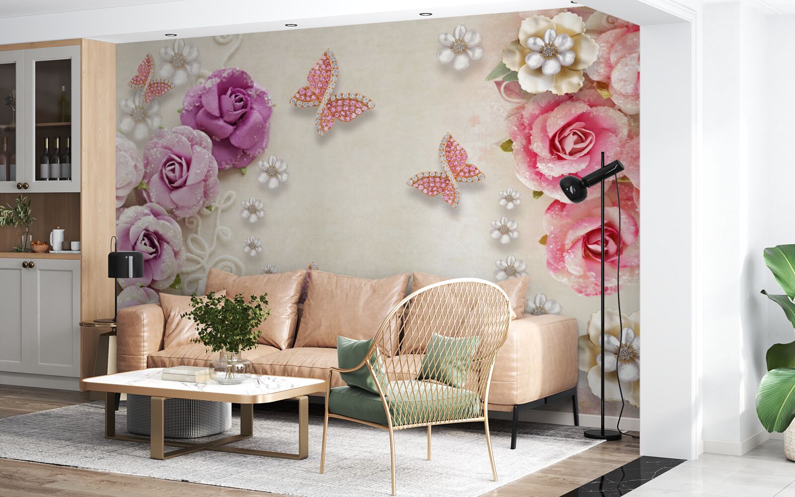 Fotobehang bloemen worden omringd door vlinders gemaakt van stenen