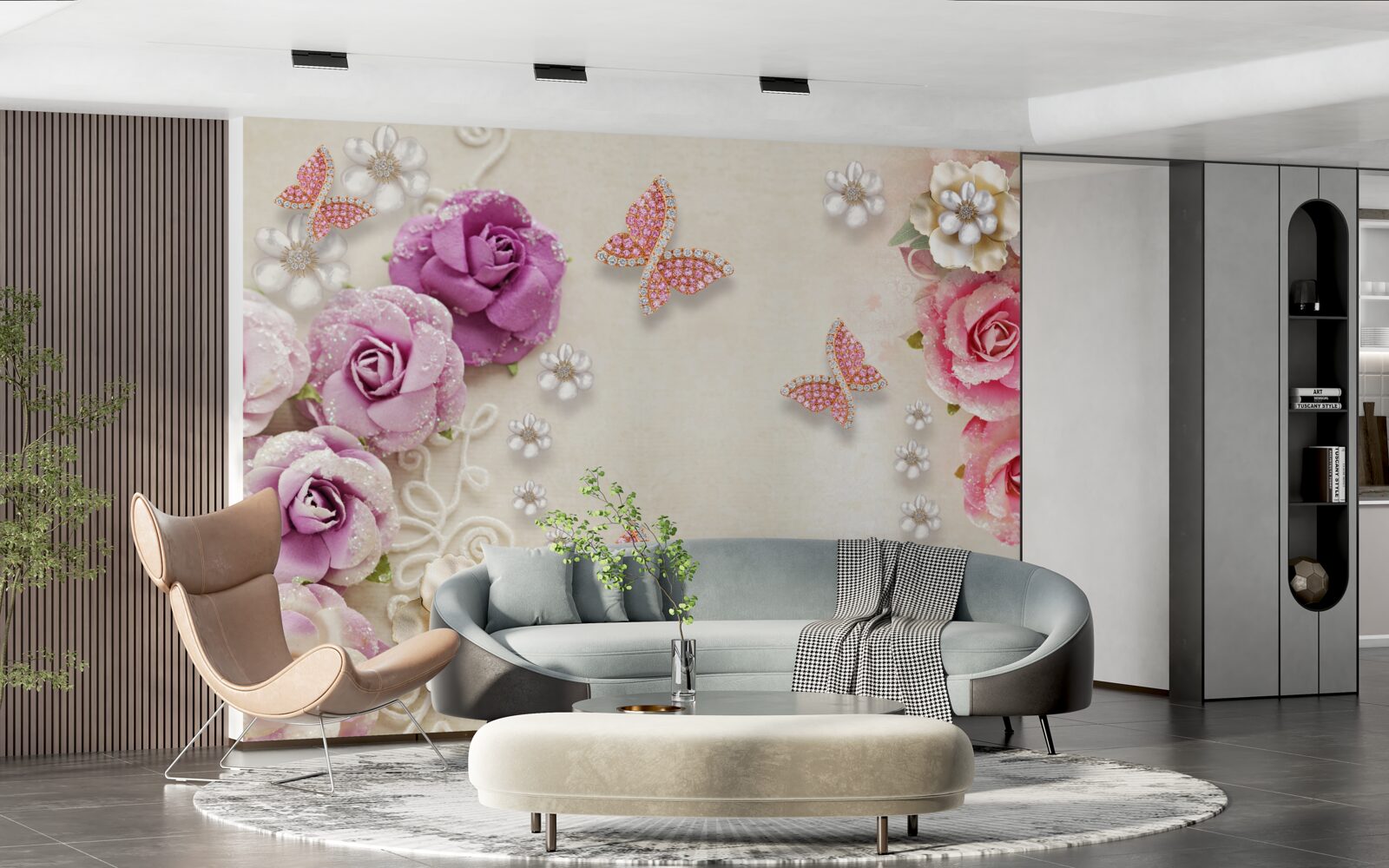 Fotobehang bloemen worden omringd door vlinders gemaakt van stenen