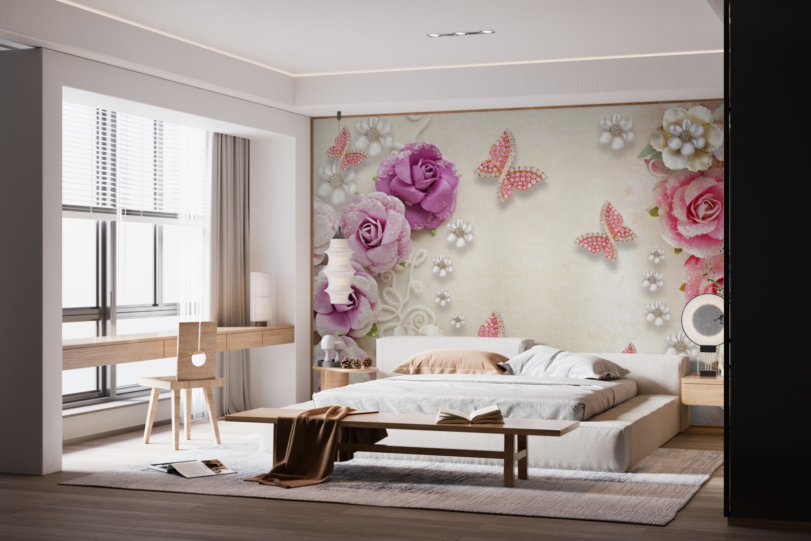 Fotobehang bloemen worden omringd door vlinders gemaakt van stenen