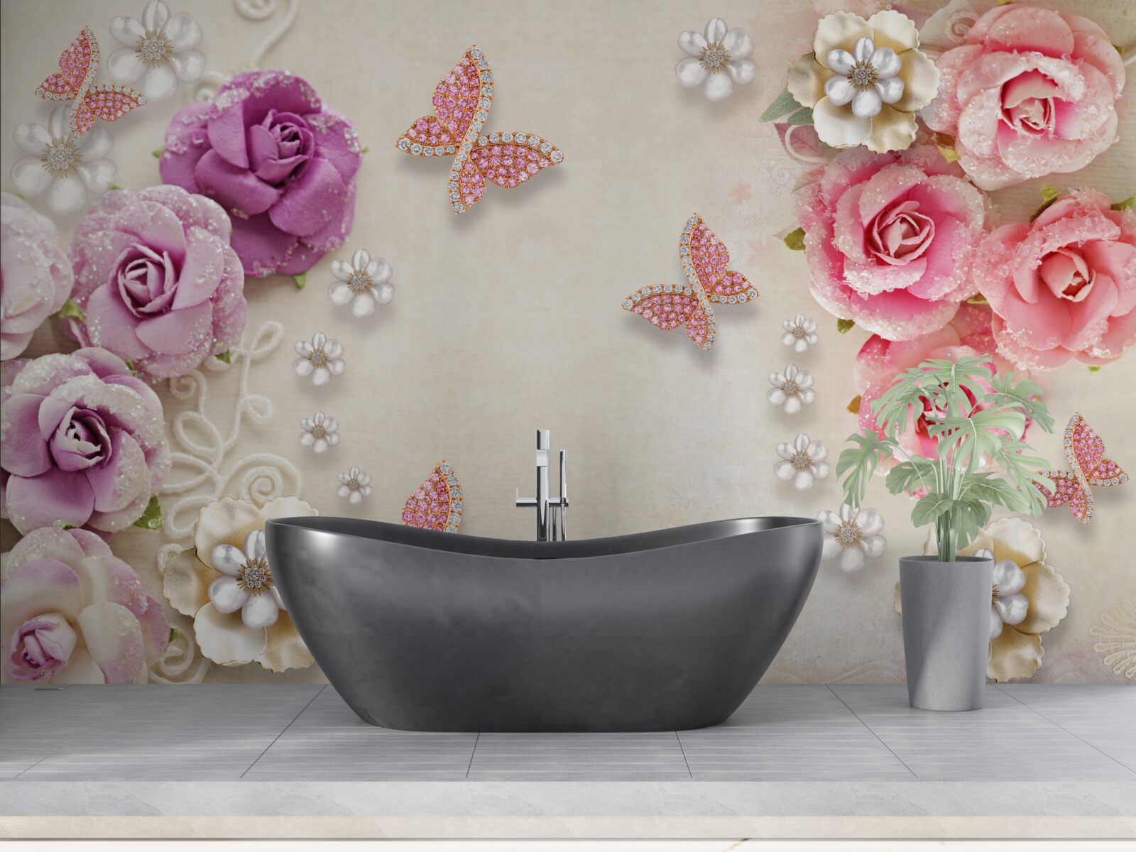 Fotobehang bloemen worden omringd door vlinders gemaakt van stenen