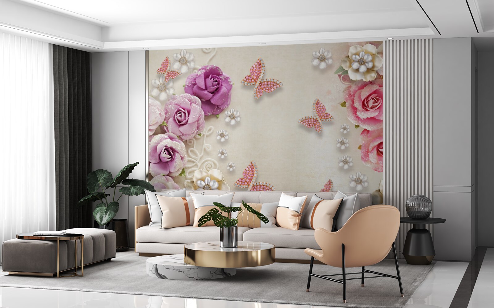 Fotobehang bloemen worden omringd door vlinders gemaakt van stenen