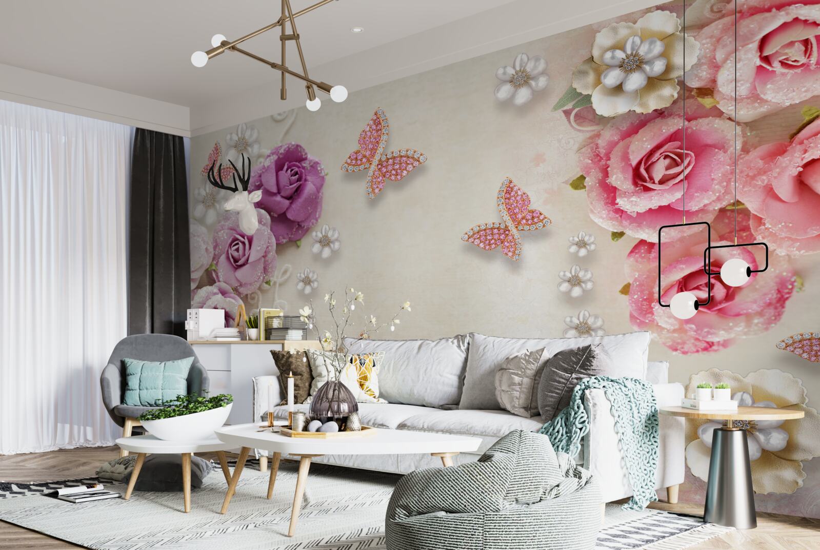 Fotobehang bloemen worden omringd door vlinders gemaakt van stenen