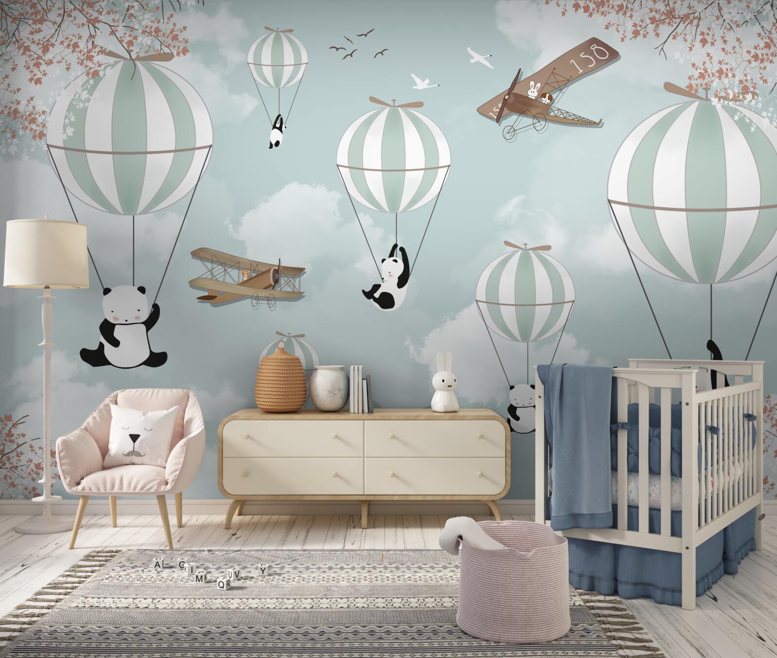 Fotobehang ballonnen met panda's