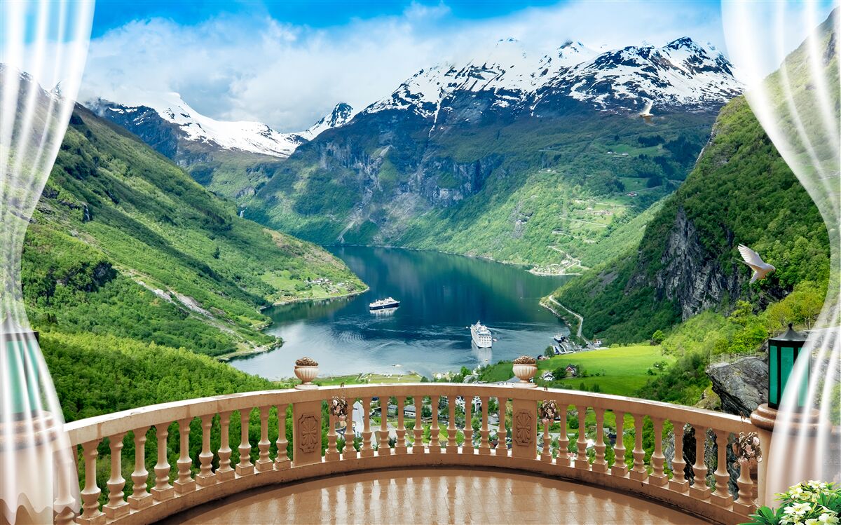 Fotobehang terras omgeven door bergen met een meer